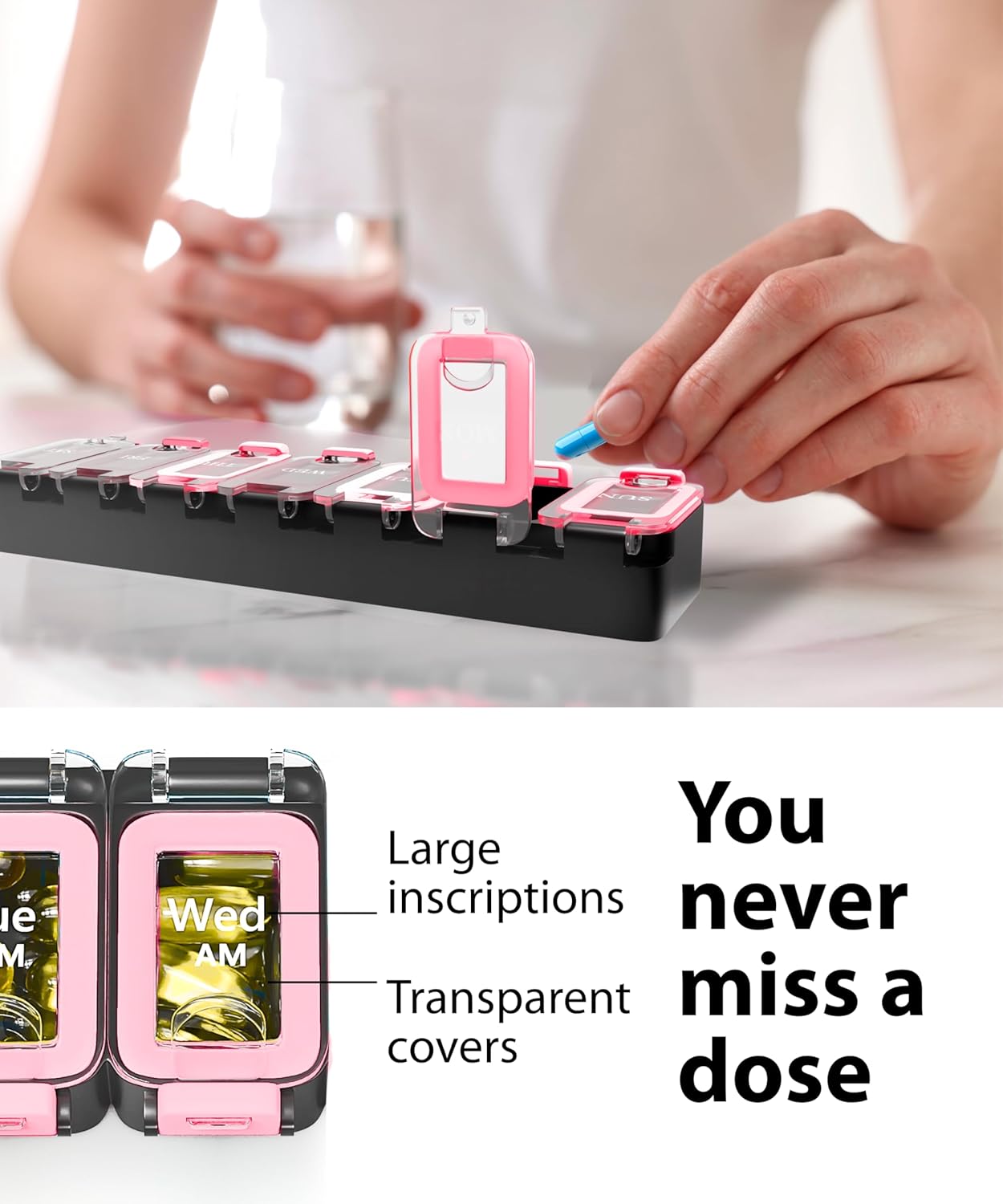 Weekly Pill Organizer 1 time a Day – Pill Box 7 Day with Enhanced Waterproof Seal, Large compartments Hold Big Vitamins & Supplements, Upgraded Locking lids, for Home & Travel use, Durable Hard case - Image 8