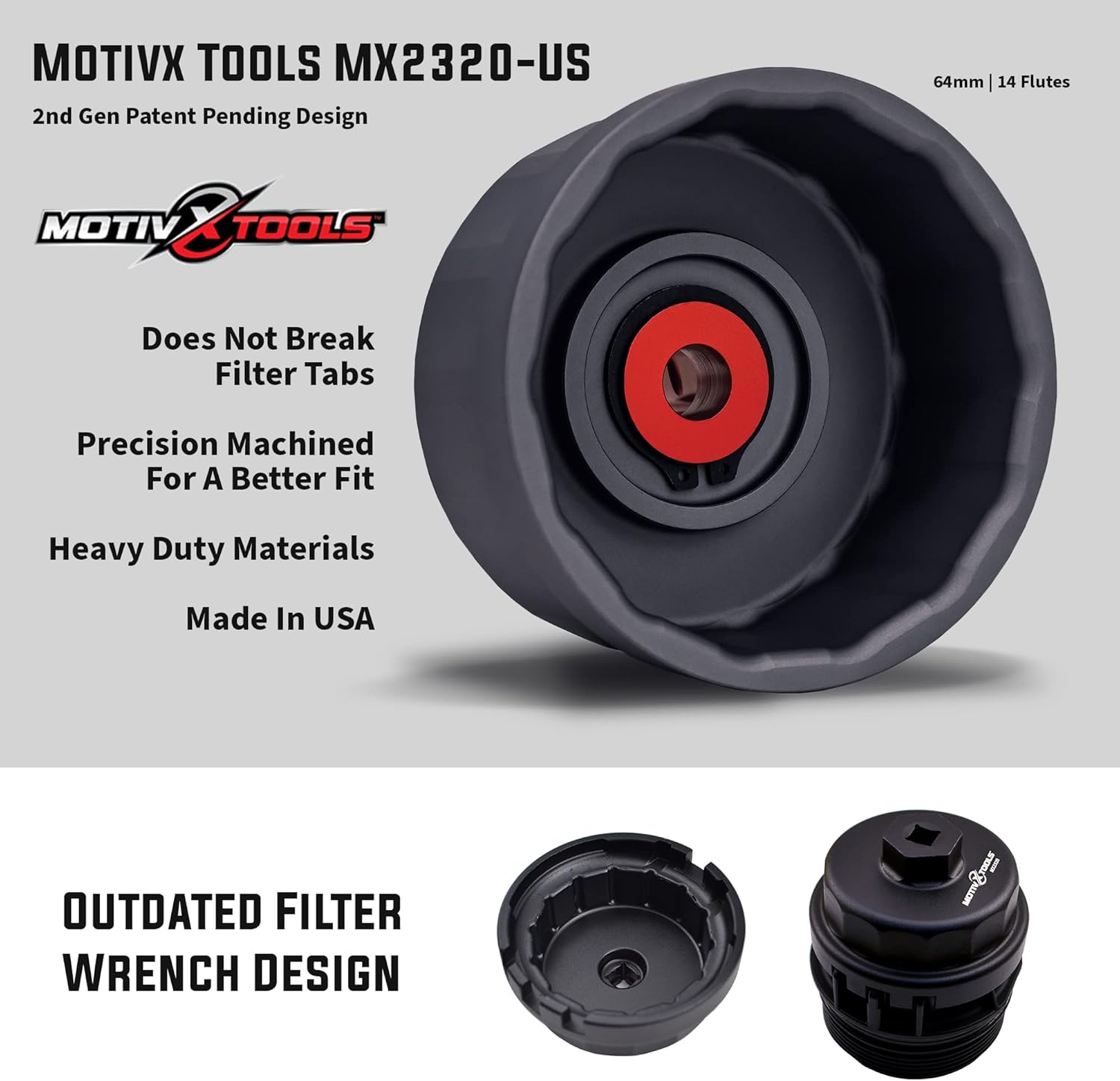 Motivx Tools Oil Filter Wrench for Toyota Camry, Tundra, Tacoma, 4Runner, RAV4 and More - 64mm 14 Flute Precision CNC Machined Aluminum Oil Filter Removal Tool - Image 2