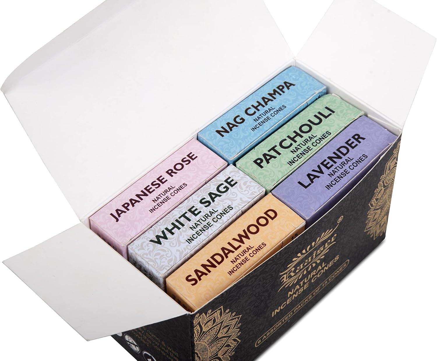 Raajsee Natural Incense Cones,6 Pack Mixed Scents Gift Pack 15 pc Each (90 Total), Insense Cones Variety Pack, 100% Organic Non Toxic Natural - Hand Rolled Free from Chemicals (Pack 1) - Image 9