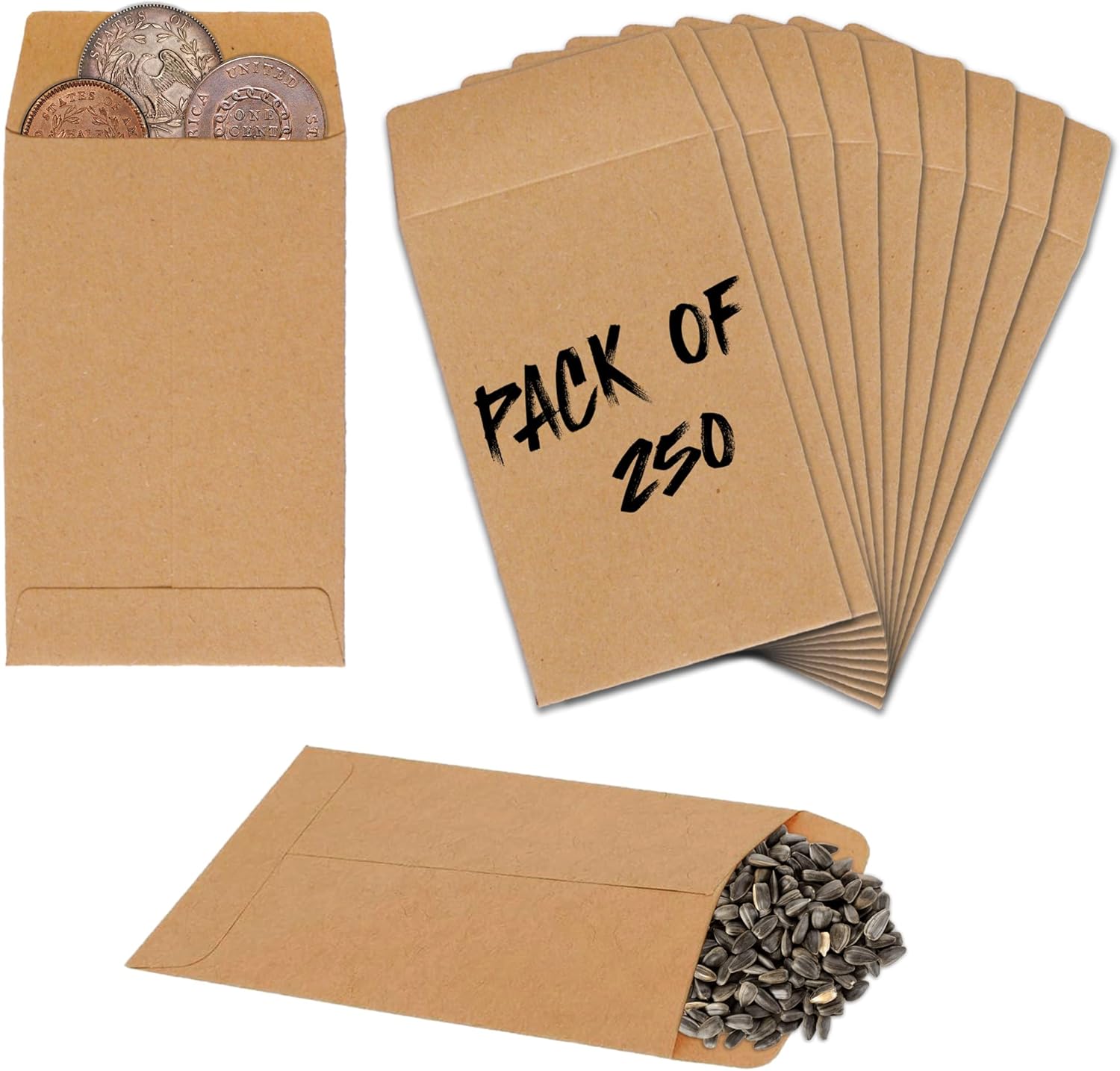 #1 Coin Envelopes Durable Kraft 2.25"x3.5", 250 Pcs Small Key Envelope with Gummed Flap, Seed Envelopes for Storing Seeds, Tip Envelope for Cash