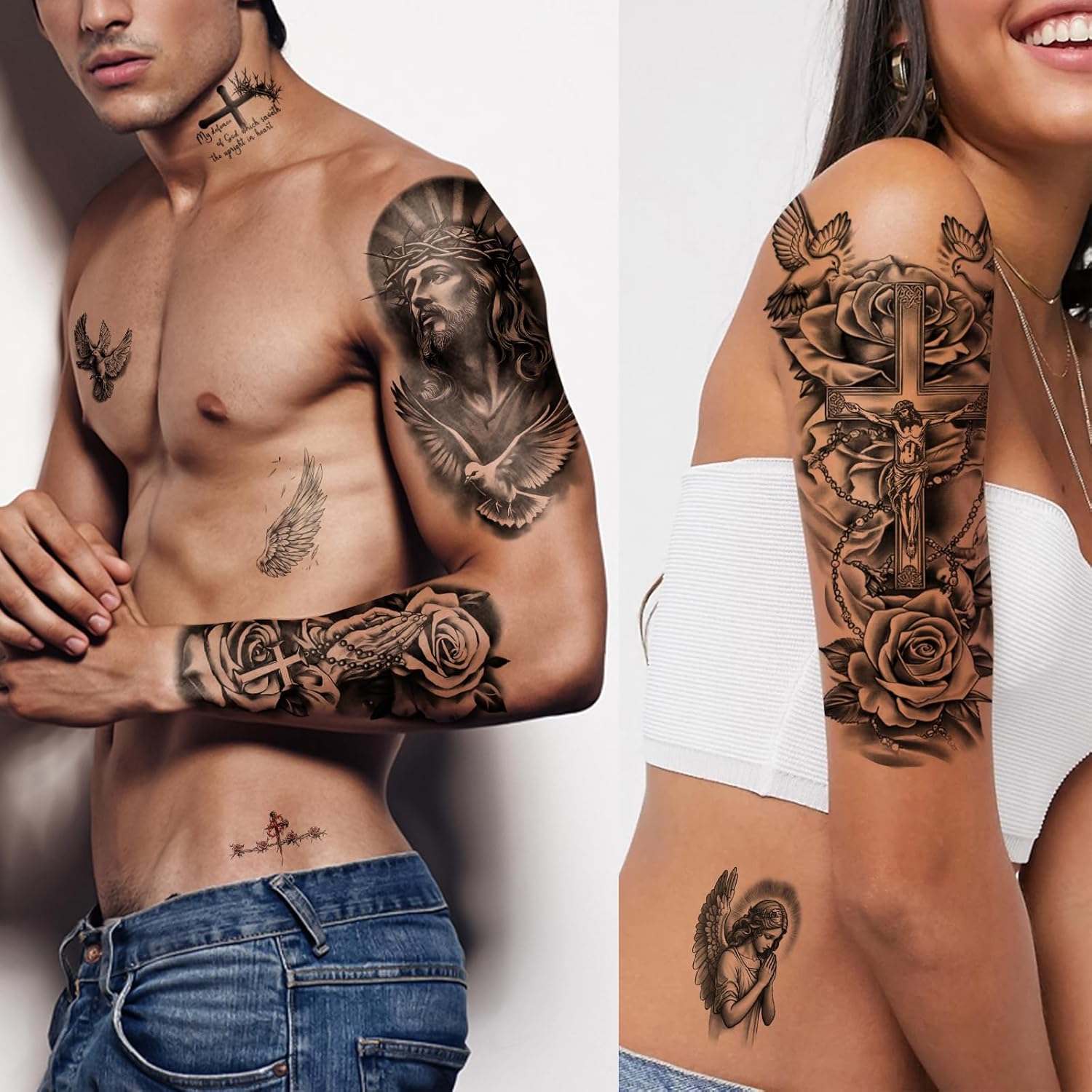 77 Sheets Christian Cross Temporary Tattoo for Women Men, 17 Sheets Half Arm Large Religious Jesus God Fake Tattoos, 60 Angels Black Christ Tiny for Adult Kids Body Tattoos Stickers Realistic - Image 3