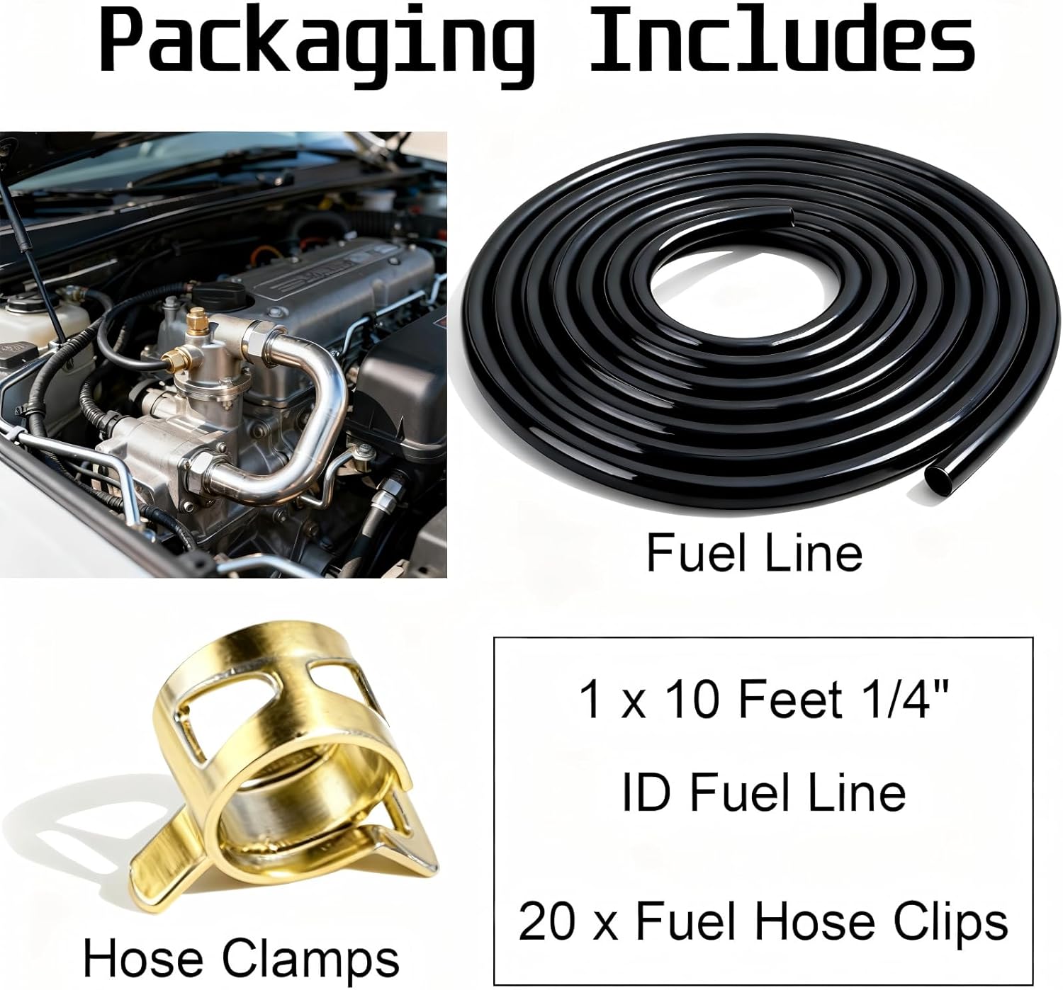 10 Feet 1/4 Inch ID Fuel Line Hose with 20PCS 2/5" Clamps - Compatible with Kawasaki, Kohler, Briggs & Stratton Small Engines, Generators & Powersports - Durable Flexible Rubber Gas & Diesel Hose Kit - Image 2