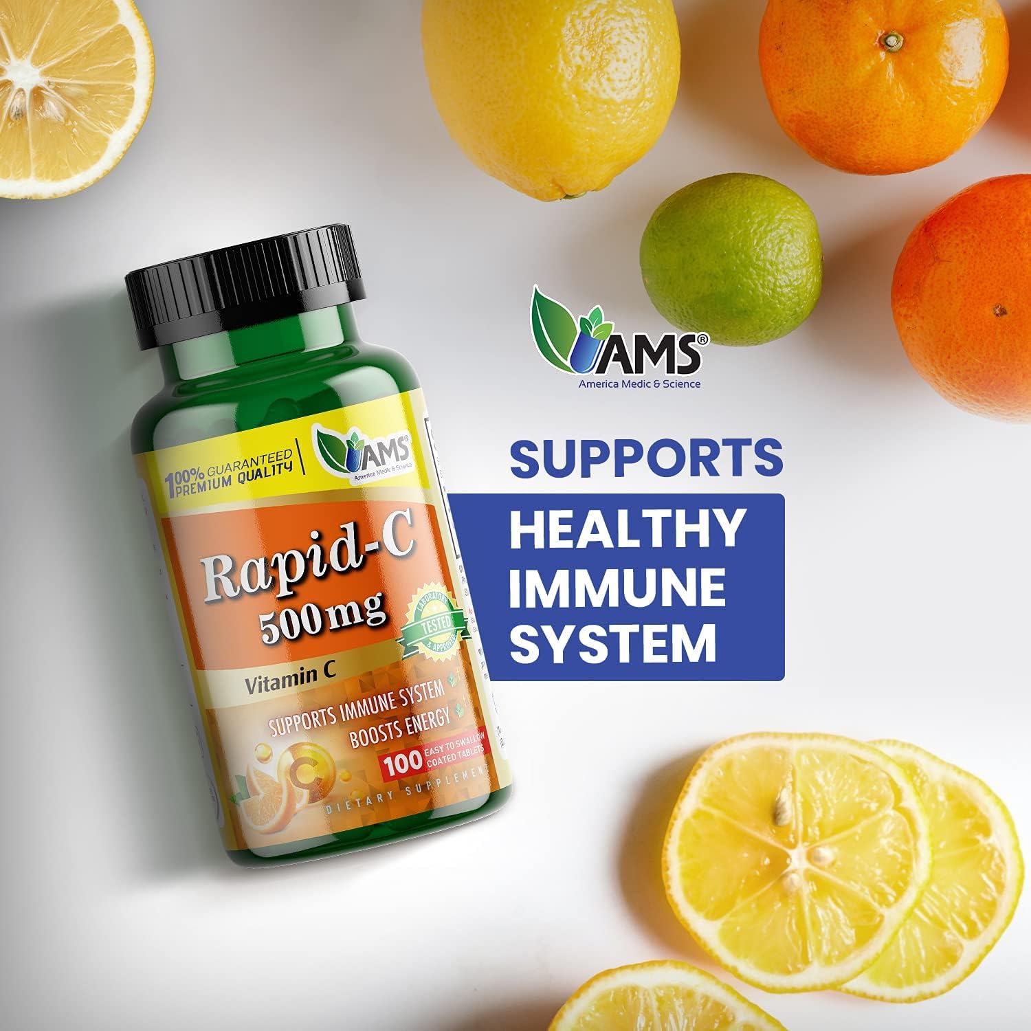 America Medic & Science Rapid-C 500mg Vitamin C Supplement 500 Tablets (5 Pack of 100 Tablets) Daily Immune System Support, Antioxidant | Vegan, Non-GMO Coated Ascorbic Acid for Adult Men & Women - Image 3