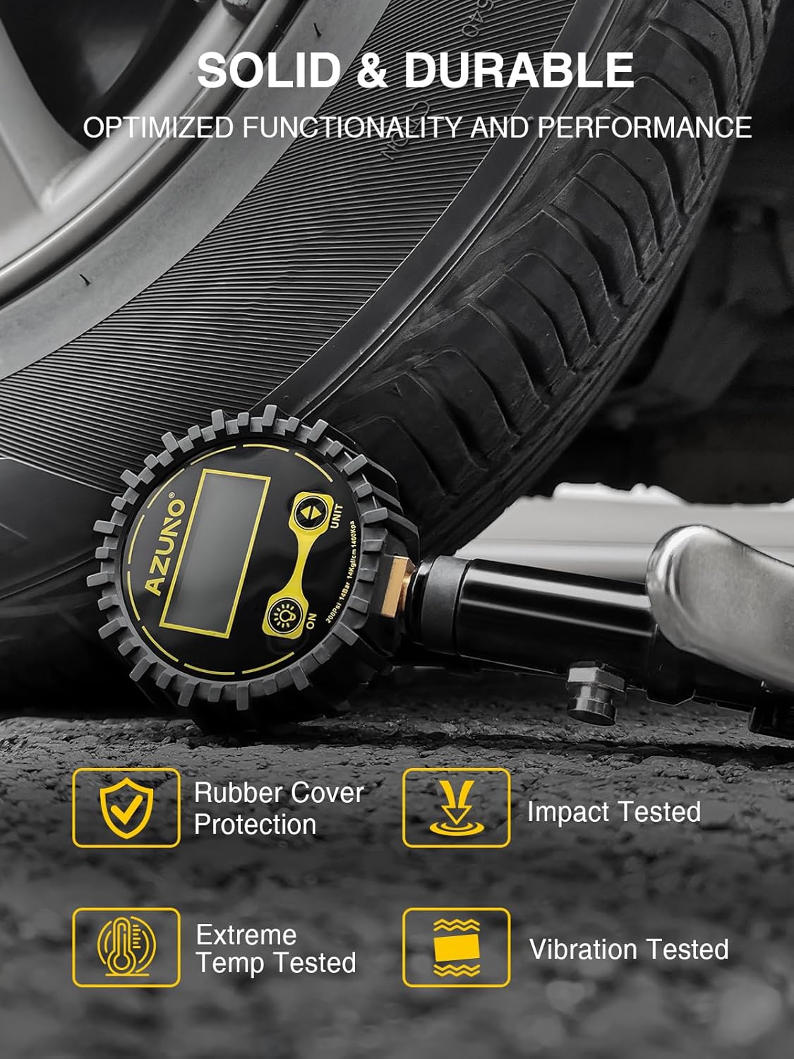 AZUNO Digital Tire Inflator with Pressure Gauge, 200 PSI, Heavy Duty Air Compressor Accessories, w/Rubber Hose Lock on Air Chuck and Quick Connect Coupler - Image 8