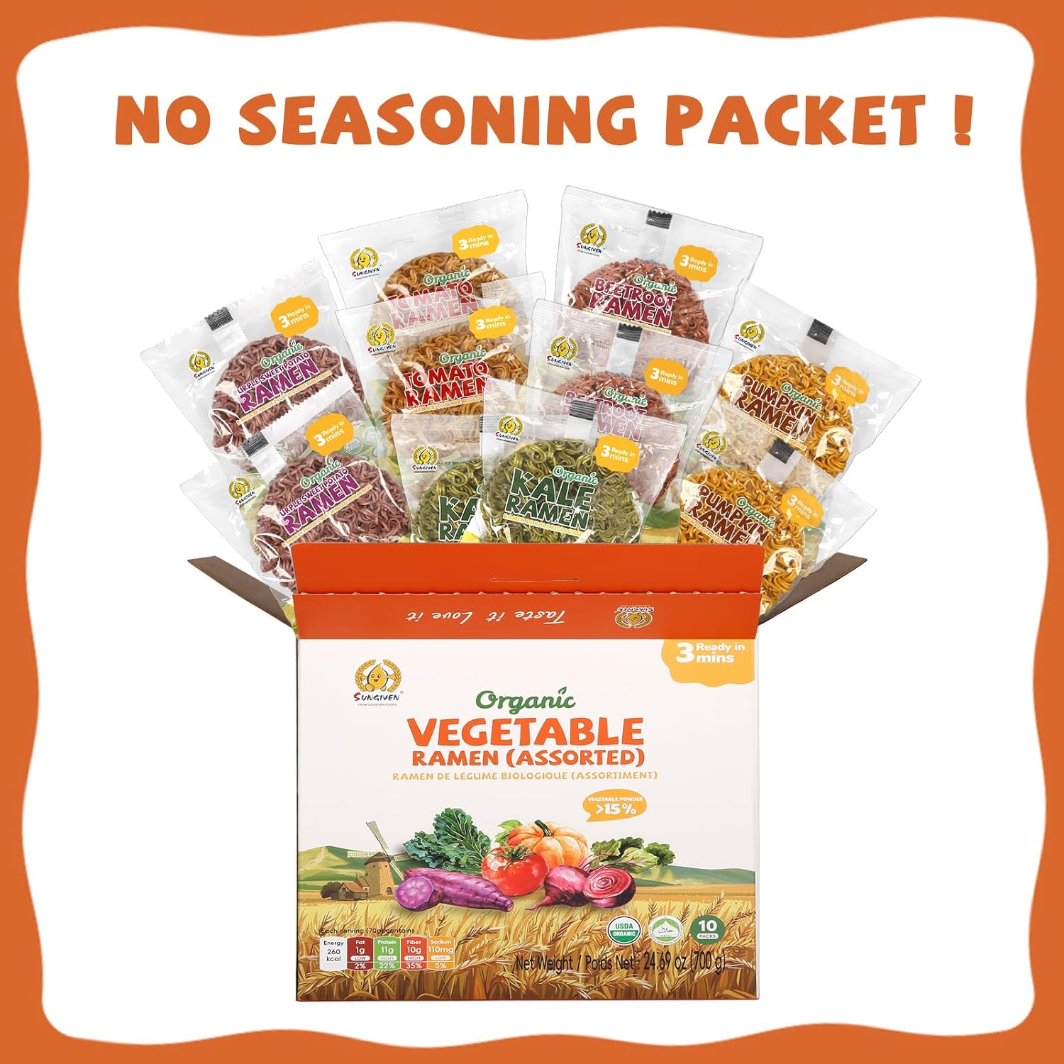 SUNGIVEN Organic Ramen Noodles Mixed Vegetable Healthy Low Sodium Ready in 3 Minutes Non-Fried Instant No Additives or Preservatives 2.47 OZ (Pack of 10) - Image 5