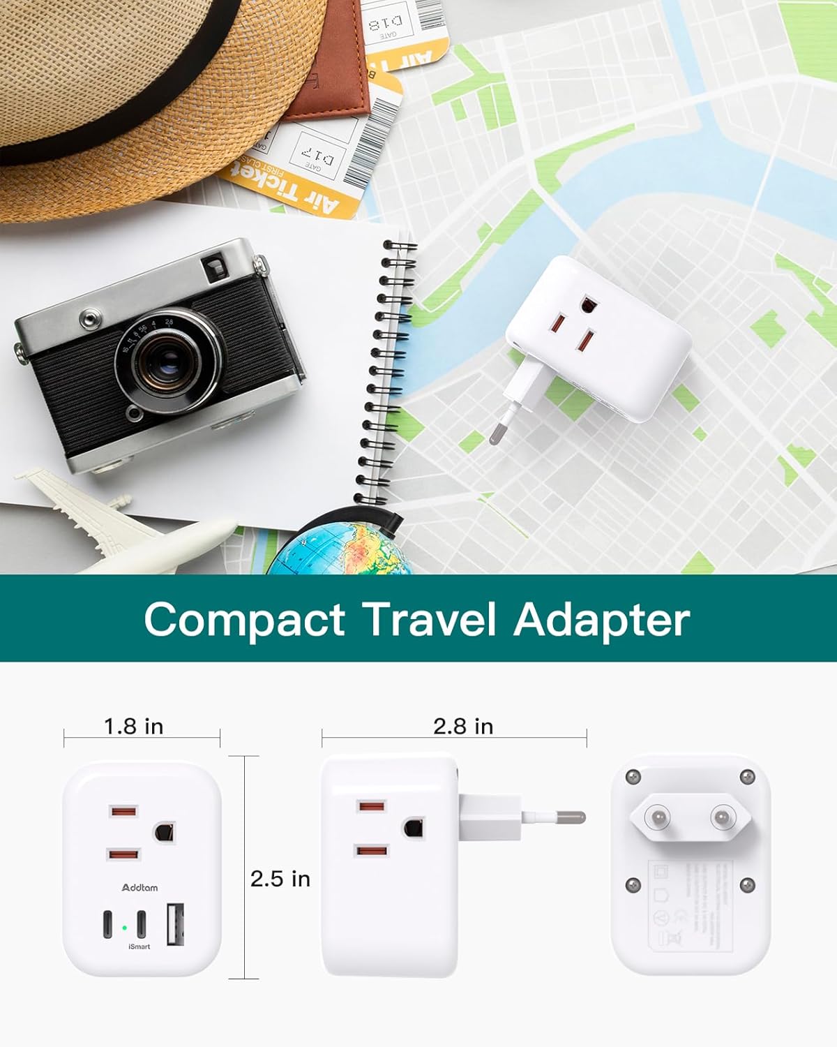 European Travel Plug Adapter, Addtam International Power Adapter with 3 Outlets 3 USB Charging Ports(2 USB C), Type C Adapter Travel Essentials to Most Europe EU Spain Italy France - Image 5