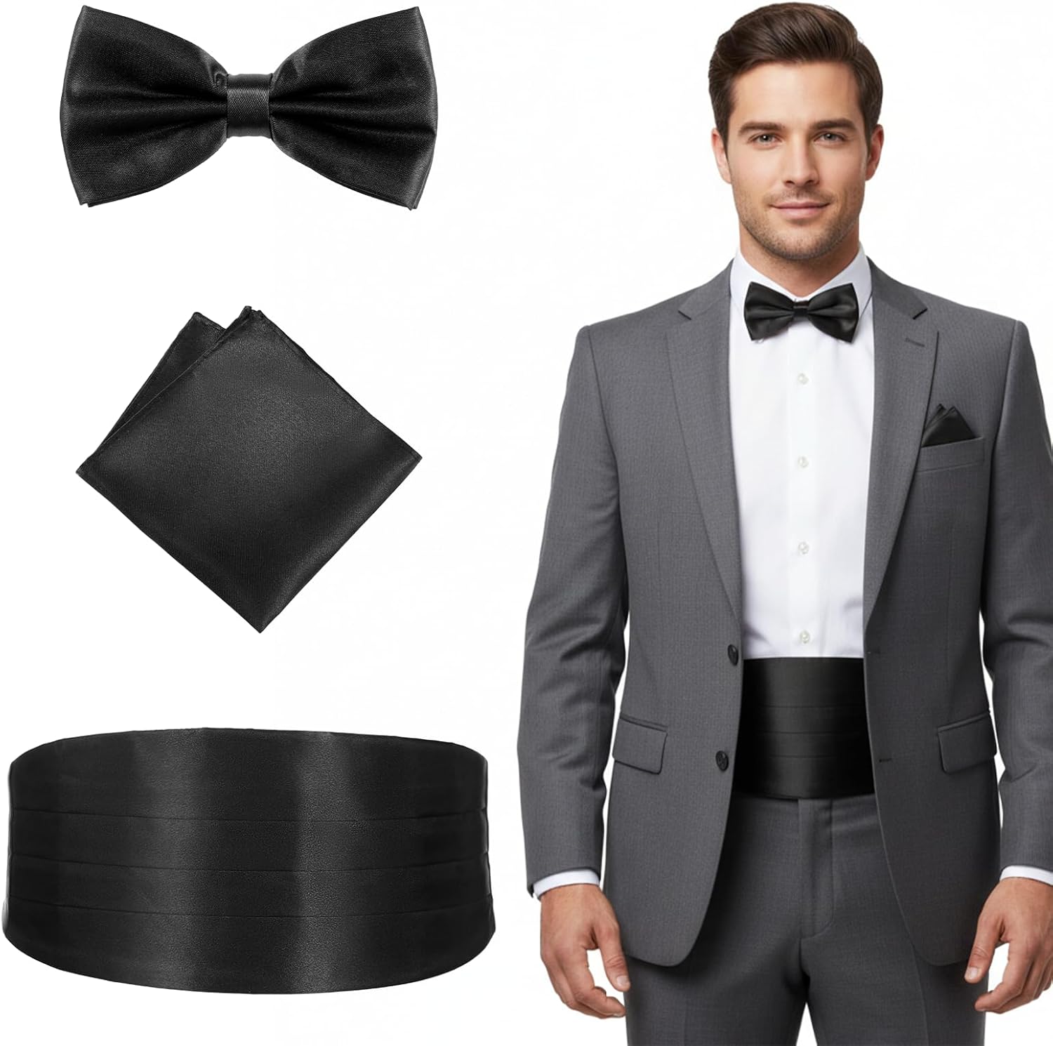Cumberbund and Bow Tie Set, Solid Color Cummerbund for Men with Adjustable Band Bow Tie and Pocket Squares Men's Cummerbunds for Tuxedo Special Occassions Bar Party Wedding (Black)