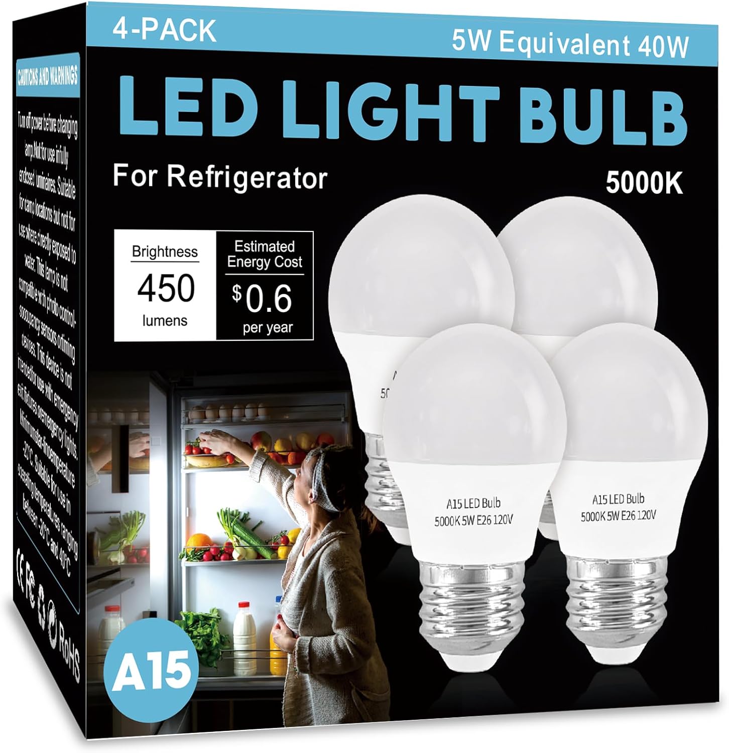 LED Refrigerator Light Bulb 4 Pack,Daylight White 5000K 120V 40W Equivalent Appliance Bulb,A15 5W E26 Base Waterproof Fridge Light Bulbs for Freezer Home Lighting,Small Light Bulb,Dimmable