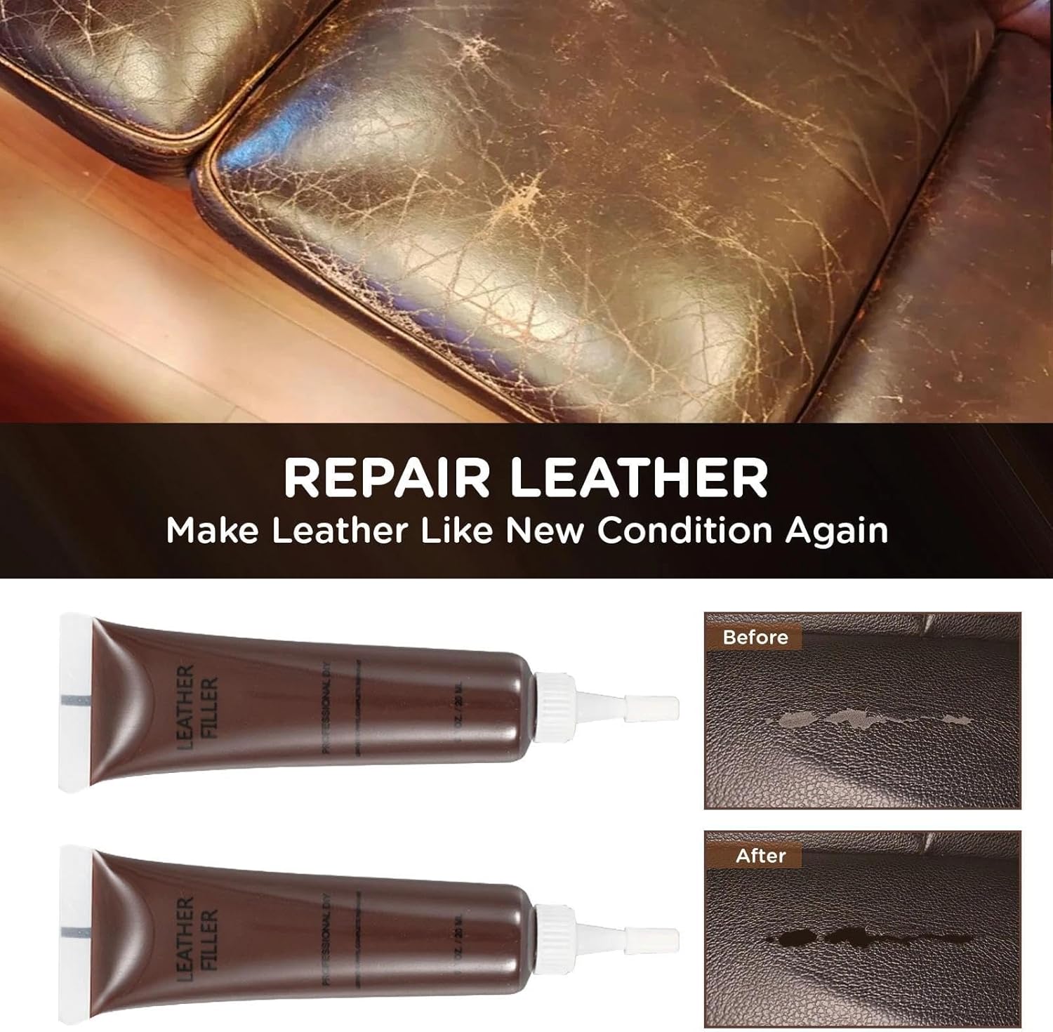Kenbry Leather Repair Kit for Furniture, Car Interiors,Car Seat,Brown Leather & Vinyl Repair Kit for Couches,Shoes,Real & Artificial Leathers, PU, Fix Scratch, Tears, Peeling, Burn Hole, Fade - Image 2