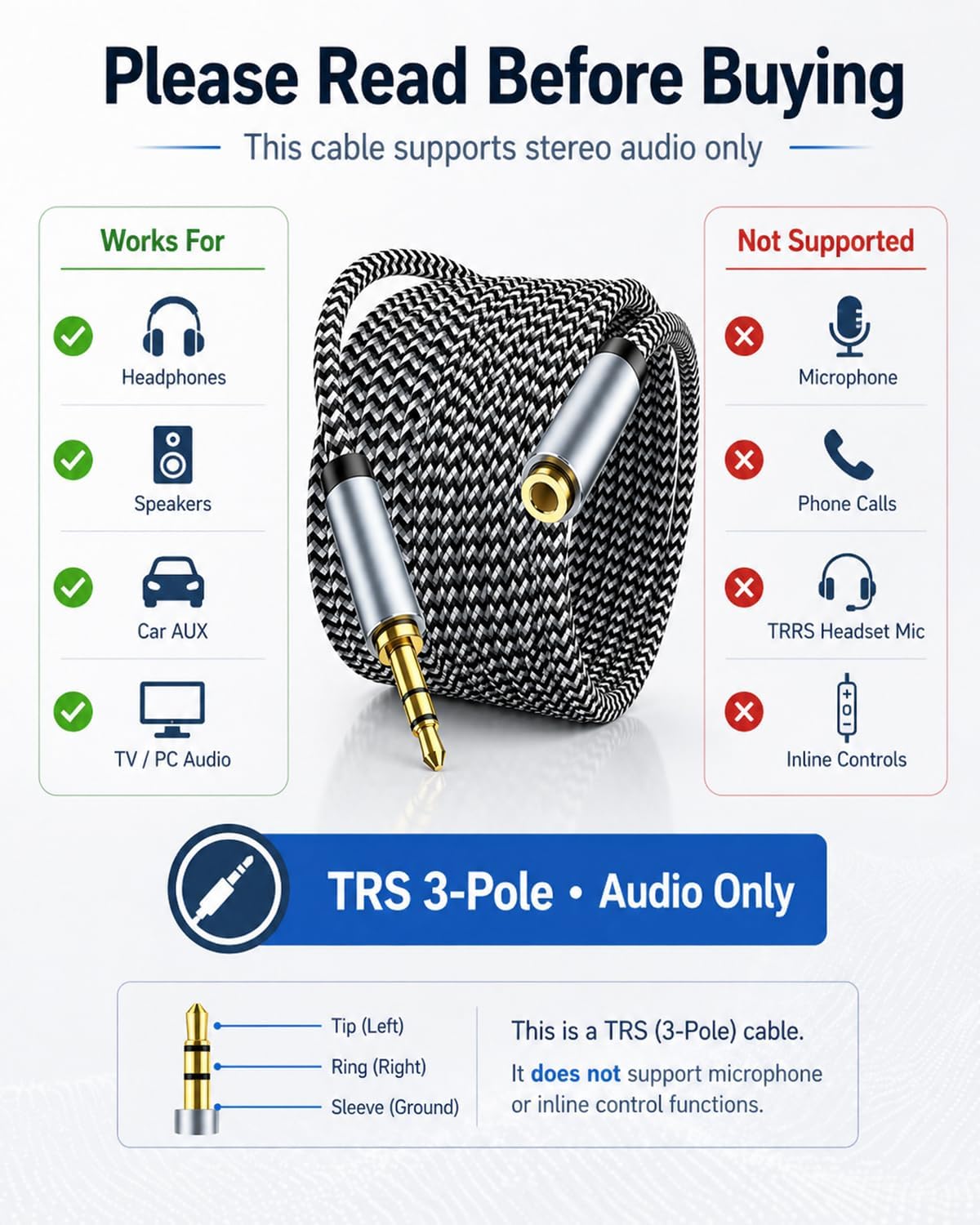 Headphone Extension Cable 10ft - Aux 3.5mm Extension Cable Male to Female, 1/8 Inch TRS Stereo Audio Jack Extender for Car, Speaker, TV, PC (Audio Only, No Mic) - Image 3