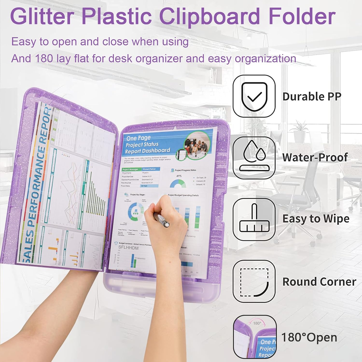 Glitter Clipboard with Storage,Storage Clipboard with Pen Holder,A4 Binder Clip Boards 8.5x11 with Low Profile Clip,Side Opening Sparkle Clipboards, Clipboards Folder for Office Supplies-Pale Purple - Image 5