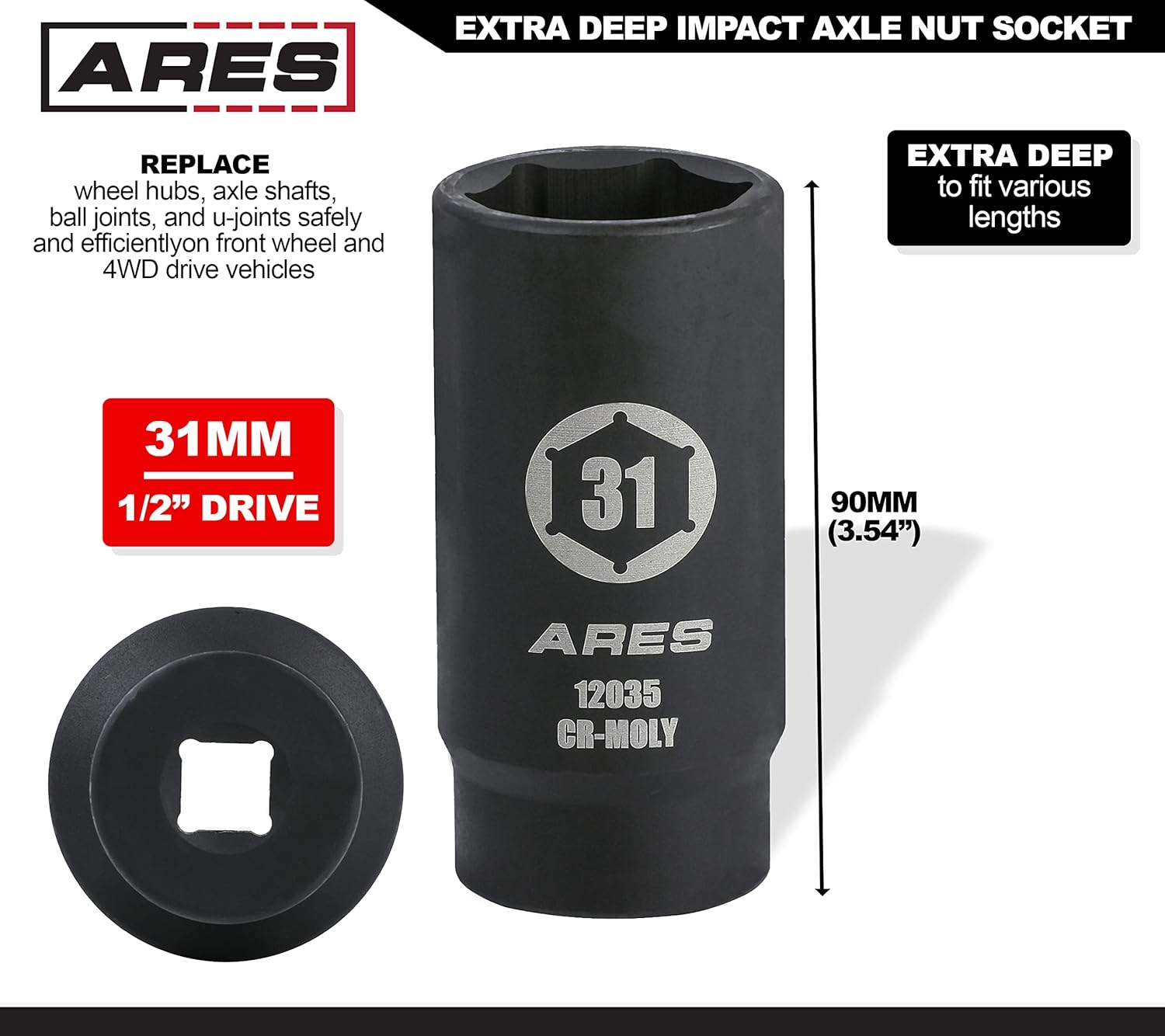 ARES 12035-31MM Axle Nut Socket - 6 Point Socket - Extra Deep 1/2-Inch Drive Impact Socket for Easy Removal of Axle Shaft Nuts - Image 2