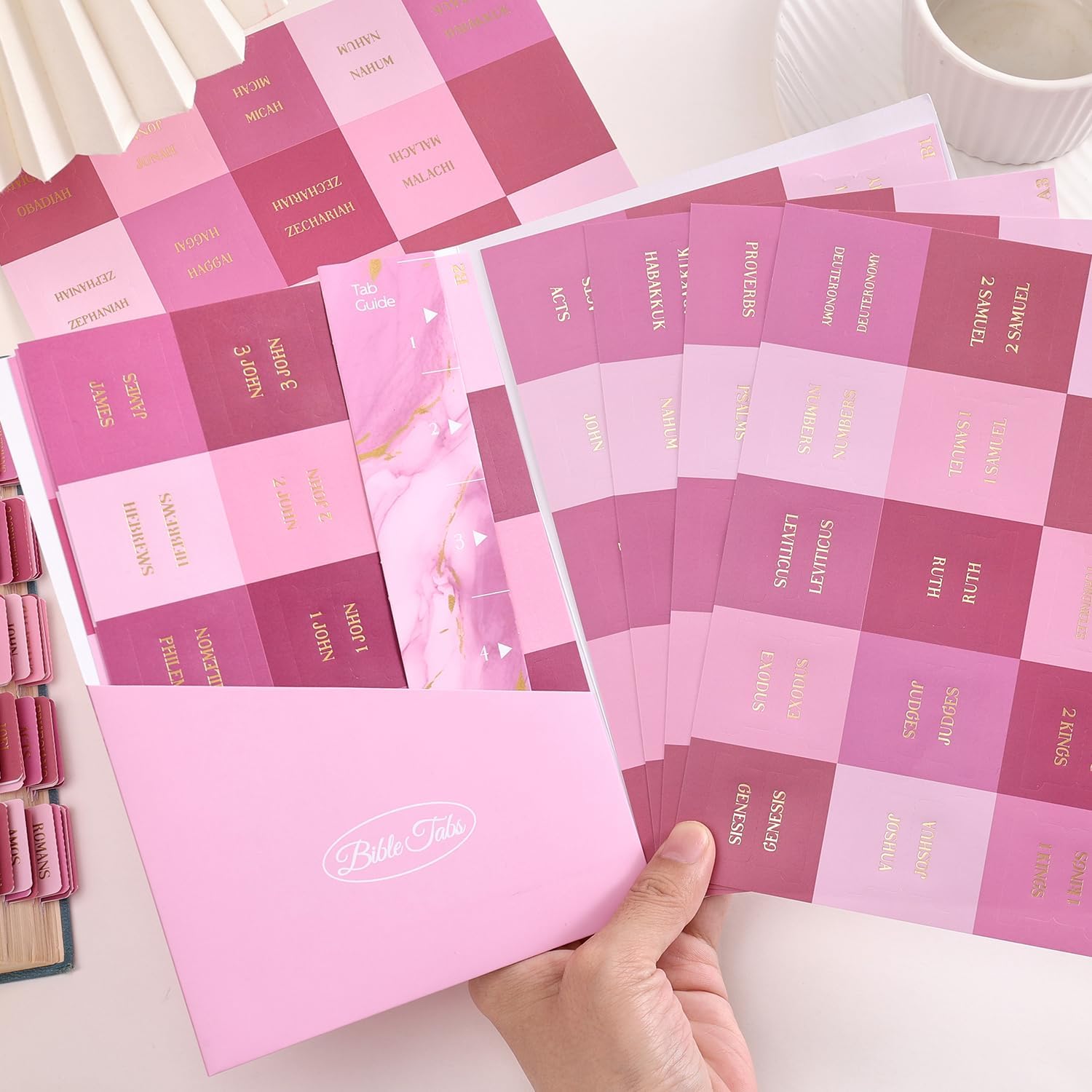Laminated Bible Tabs, Gold Foil Embossed Lettering Bible Chapter Index Tabs for Women Men, Reposition Large Print Sticky Labels, Easy to Read and Apply, 105 Chapters Labels for Easy Navigation, Pink - Image 9