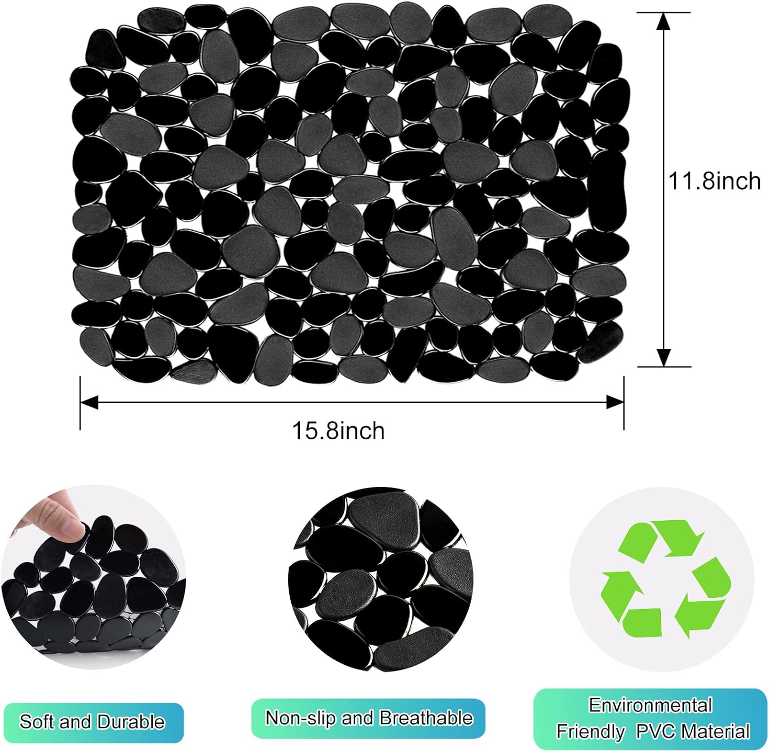 2 Pack Kitchen Sink Mat Pebble Sink Mats for Stainless Steel Sink, PVC Eco-friendly Sink Protector for Bottom of Kitchen Sink, Porcelain, Dishes and Glassware, Fast Draining, 15.8 x 11.8 In (Black) - Image 2