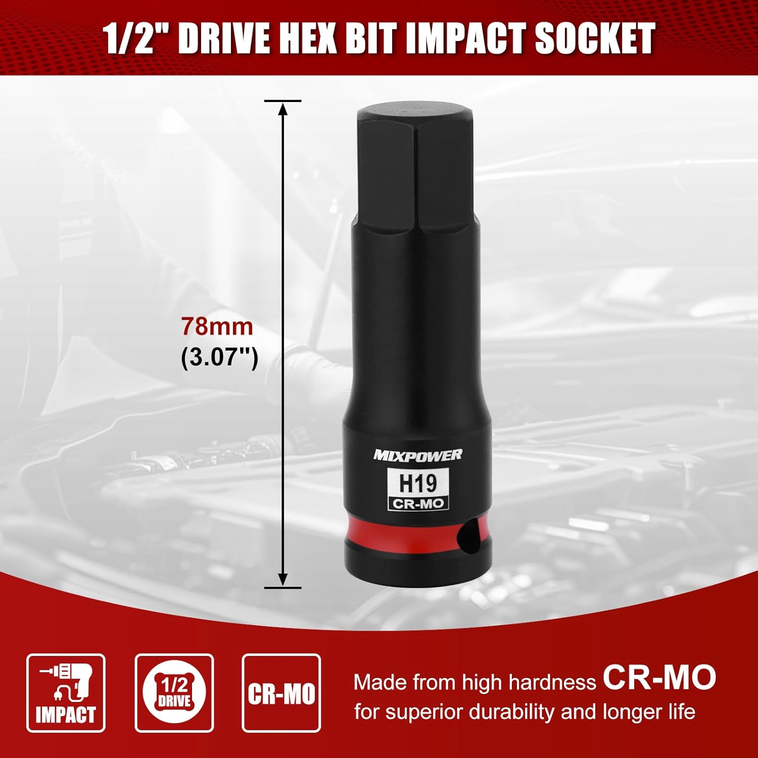 MIXPOWER 1/2" Drive 19mm Hex Impact Bit Socket, Allen Bit Socket, CR-MO Steel, Master Impact Hex Driver - Image 3