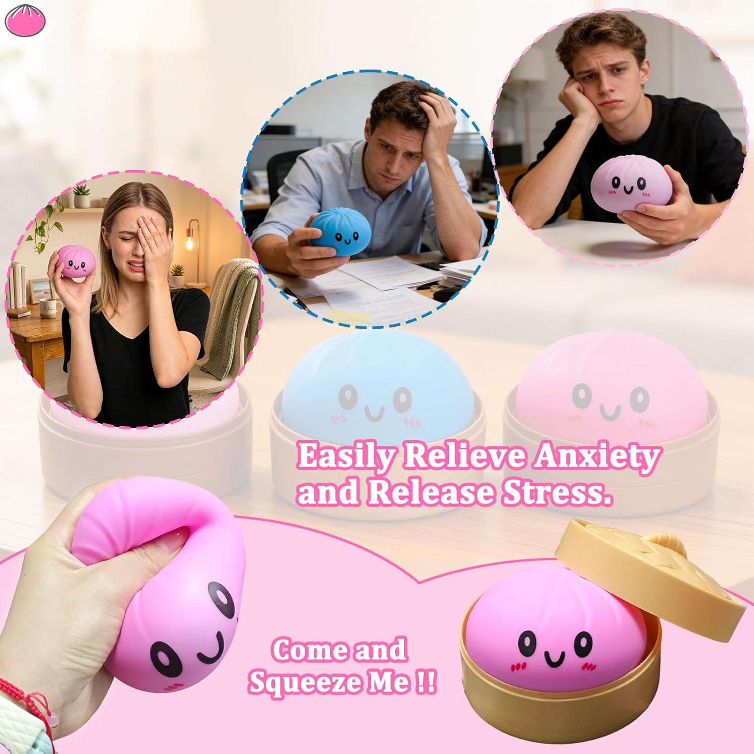 Dumpling Squishy Toy, Dumpling Squishy Mystery Box, Colorful Dumplings Stress Balls Fidget Sensory Toy, Squeeze Dough Ball Stress Relief Hand Toys with Food Steamer Stretchy Desk Toys (Pink) - Image 6