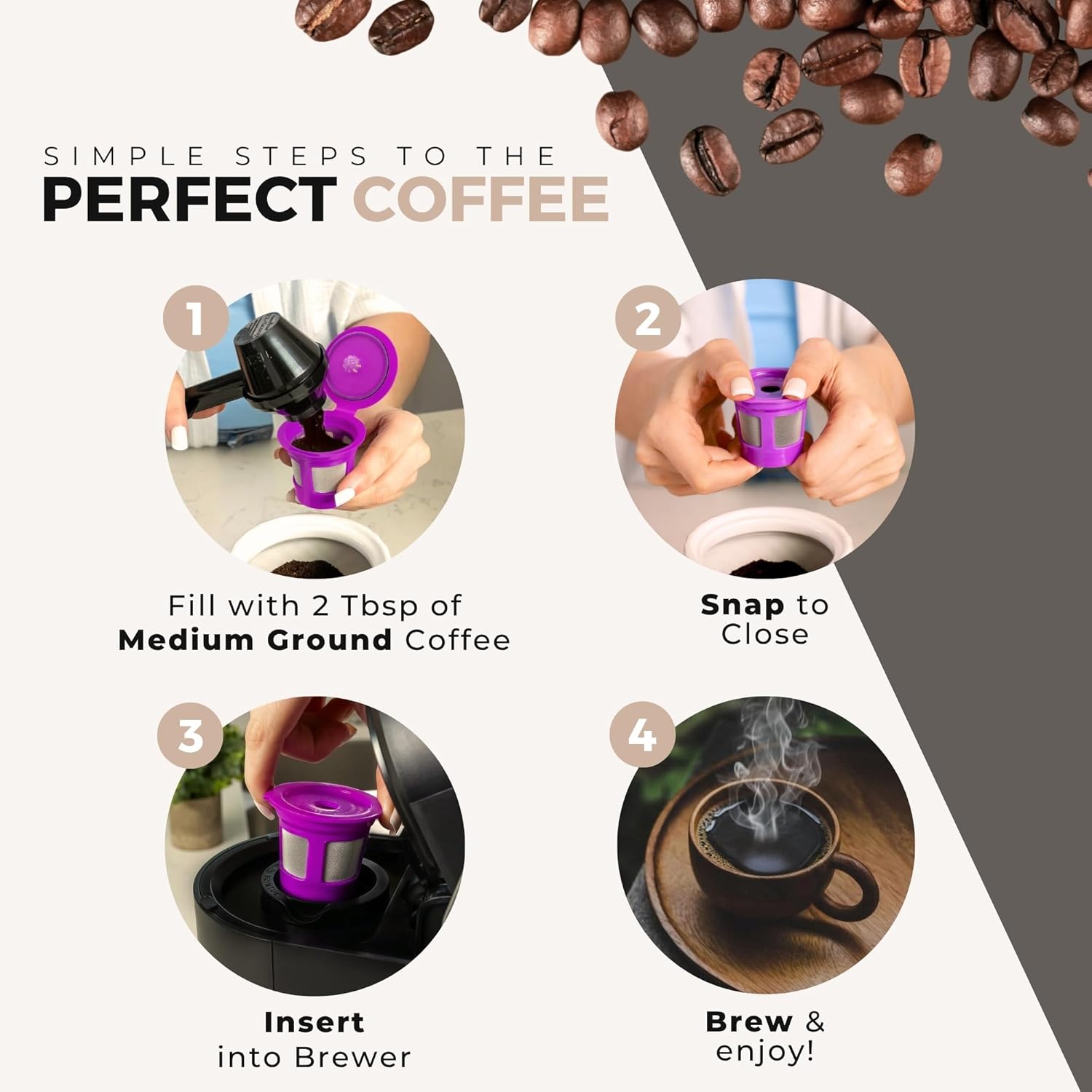 Perfect Pod 1-Stream Cafe Save Reusable K Cup Pod Coffee Filters - Refillable Coffee Pod Capsules with Built-In, Integrated Mesh Strainer for use with Keurig & Select Single Cup Coffee Makers, 4-Pack - Image 5