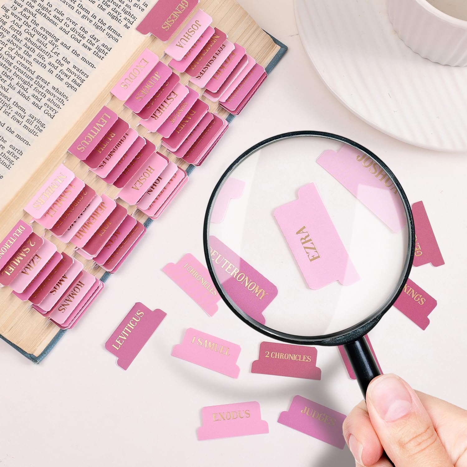 Laminated Bible Tabs, Gold Foil Embossed Lettering Bible Chapter Index Tabs for Women Men, Reposition Large Print Sticky Labels, Easy to Read and Apply, 105 Chapters Labels for Easy Navigation, Pink - Image 3