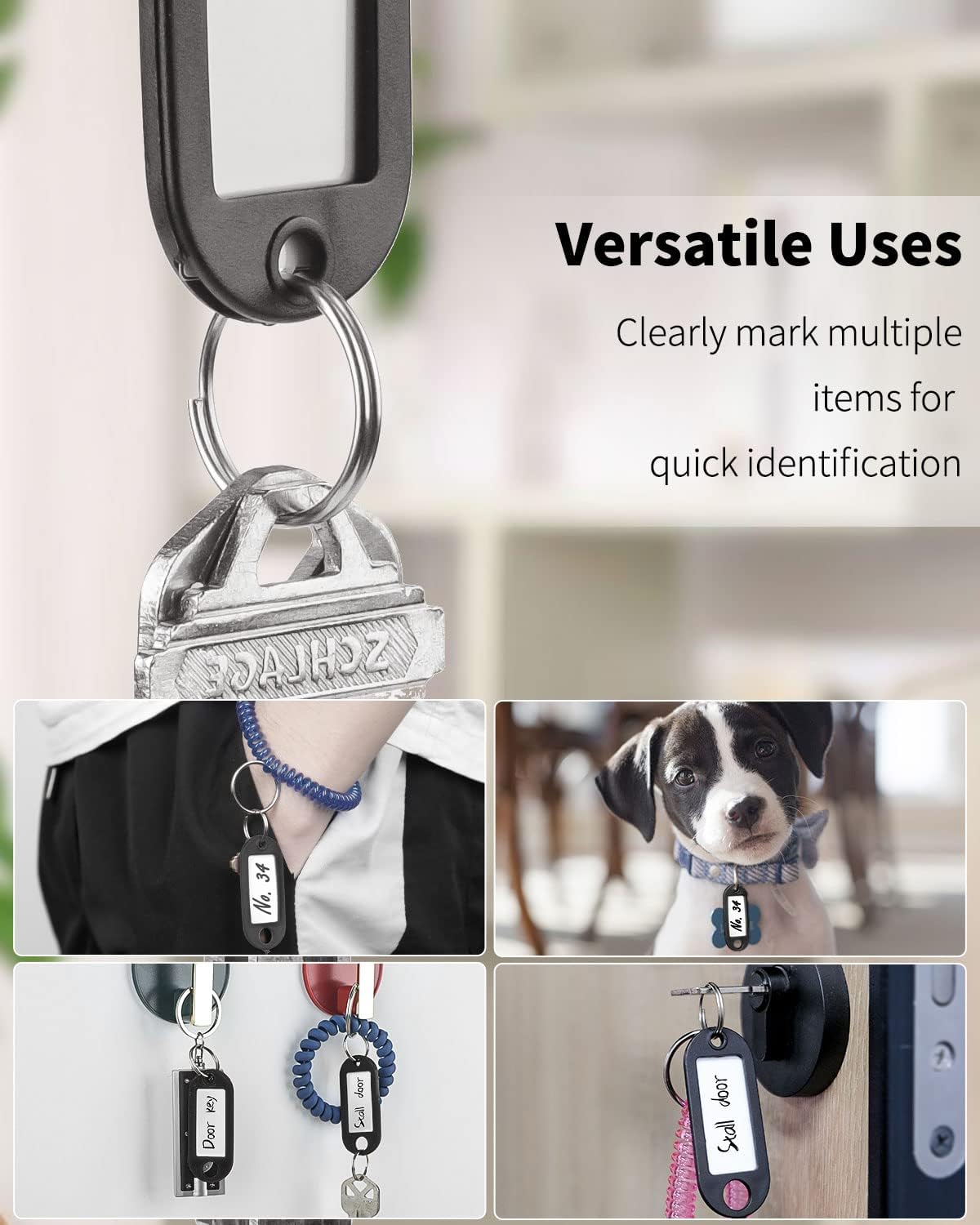 Uniclife 10 Pieces Key Tags 2 Inch Soft Plastic Key Chain Tags with Blank Paper Labels Clear Windows Protective Films and Split Rings Flexible Item Identifiers, Black - Image 3
