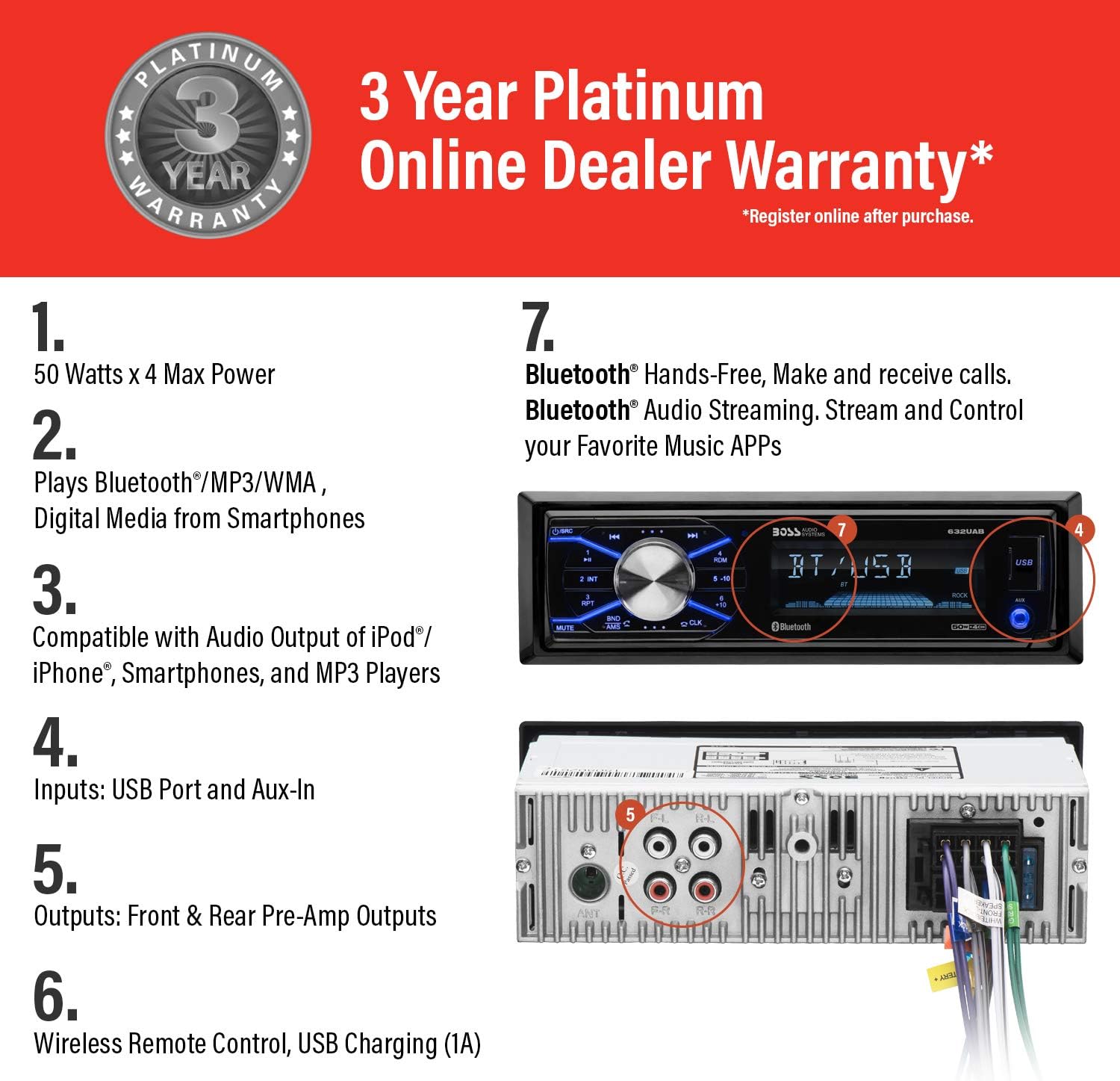 BOSS Audio Systems 632UAB Car Stereo - Single Din, Bluetooth, No CD DVD Player, AM/FM Radio Receiver, Wireless Remote Control, Aux in, USB - Image 2