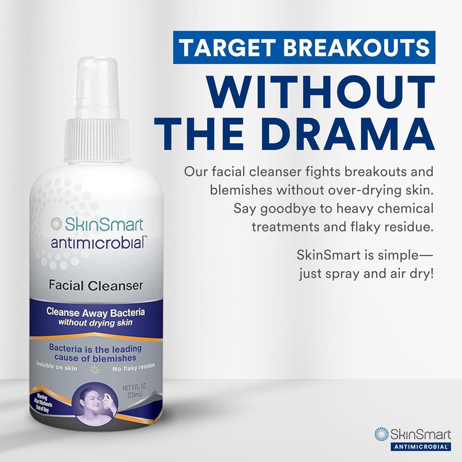 SkinSmart Antimicrobial Facial Cleanser for Breakouts & Blemishes; Hypochlorous Acid Formula Targets Bacteria to Reduce Skin Irritation and Flush Pores Clean, 8 oz Spray, All Ages & All Skin Types - Image 3