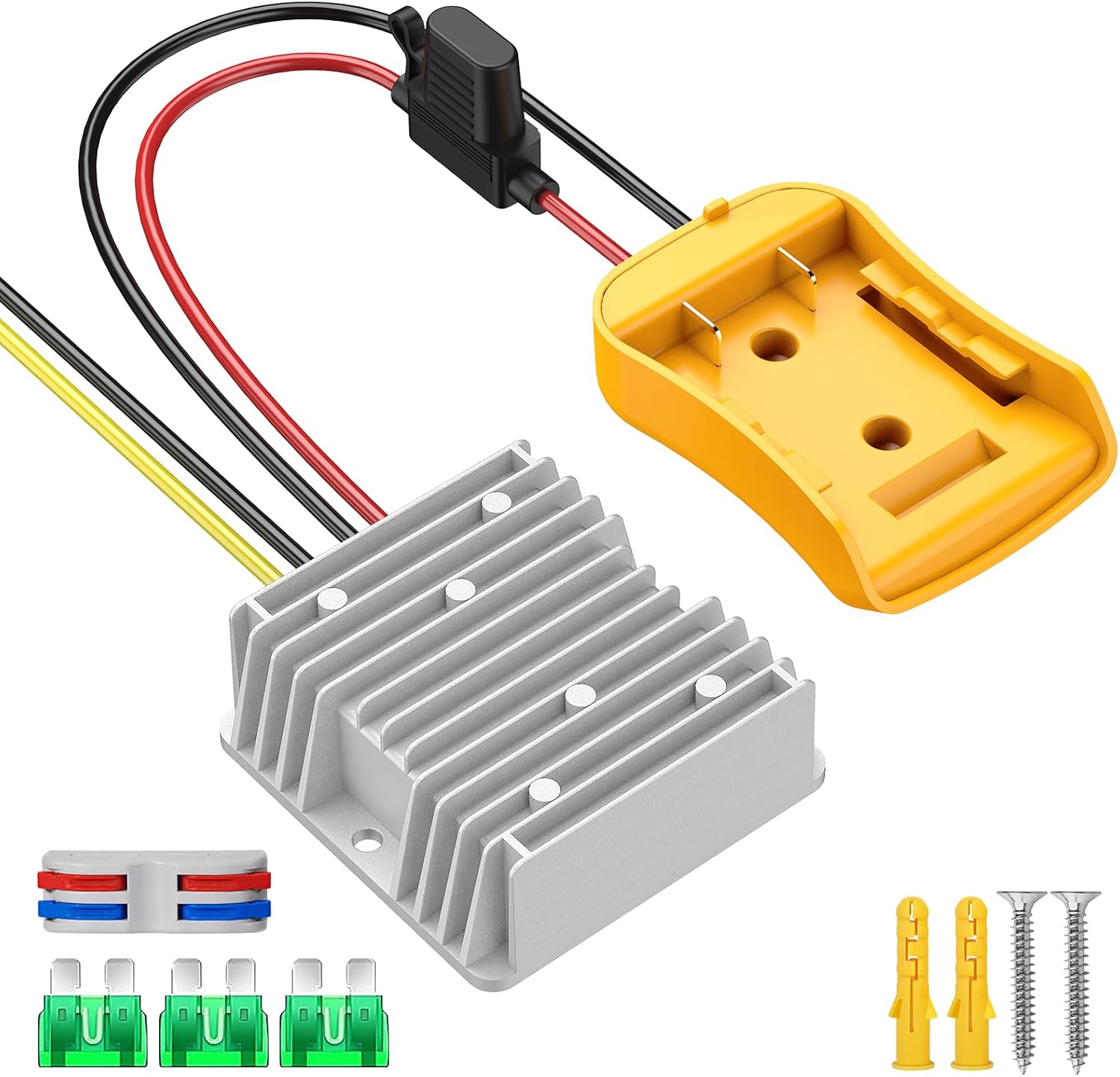 Azocek 20V to 12V Step Down Converter Compatible with DeWalt 20V Battery, 20A 240W DC 12V Buck Converter Adapter for Power Wheel, with 30A Fuse & Wiring Terminal