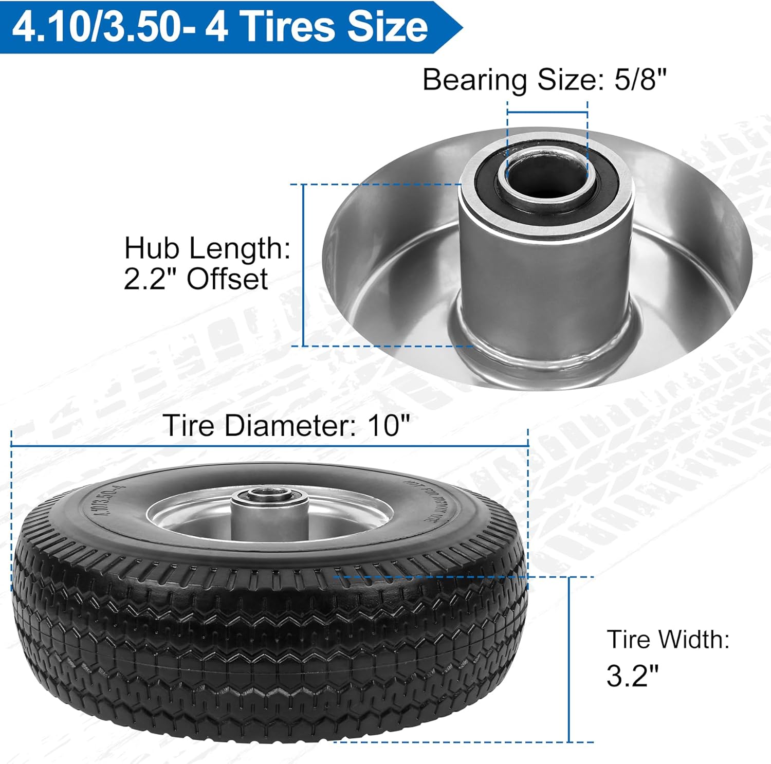 4.10/3.50-4" Flat Free Tires, 10 Inch Solid Tires and Wheels Replacement with 5/8" Axle Bore Hole, 2.2" Offset Hub for Hand Truck, Garden Cart, Lawn Cart, Wheelbarrow, 2 Pack - Image 2