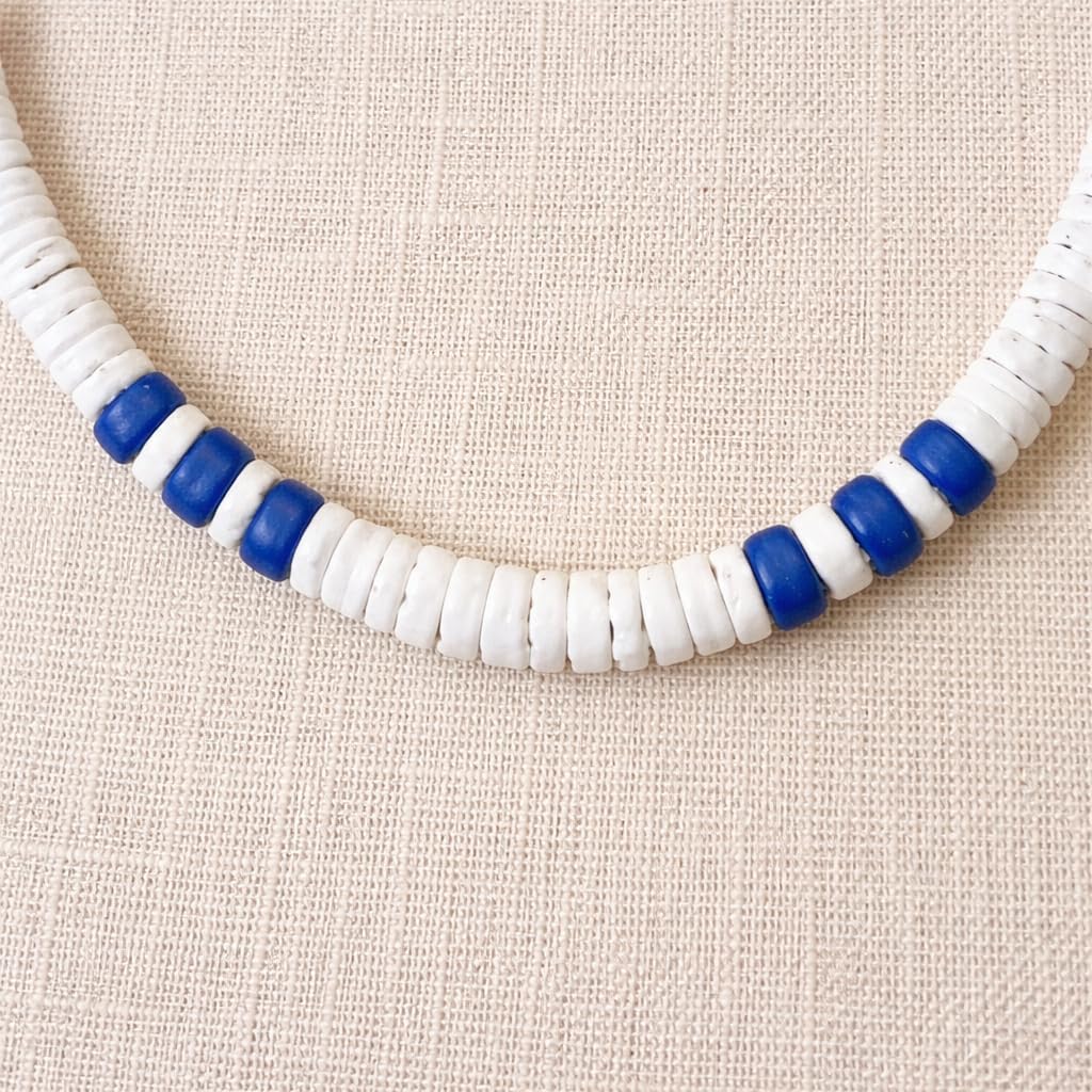 Native Treasure 5mm White Clam Heishi Puka Shell Necklace for Men and Women, Blue Coconut Bead Accents, Surfer Beach Style Jewelry, Handmade in the Philippines, Stainless Steel Cable Wire - Image 4