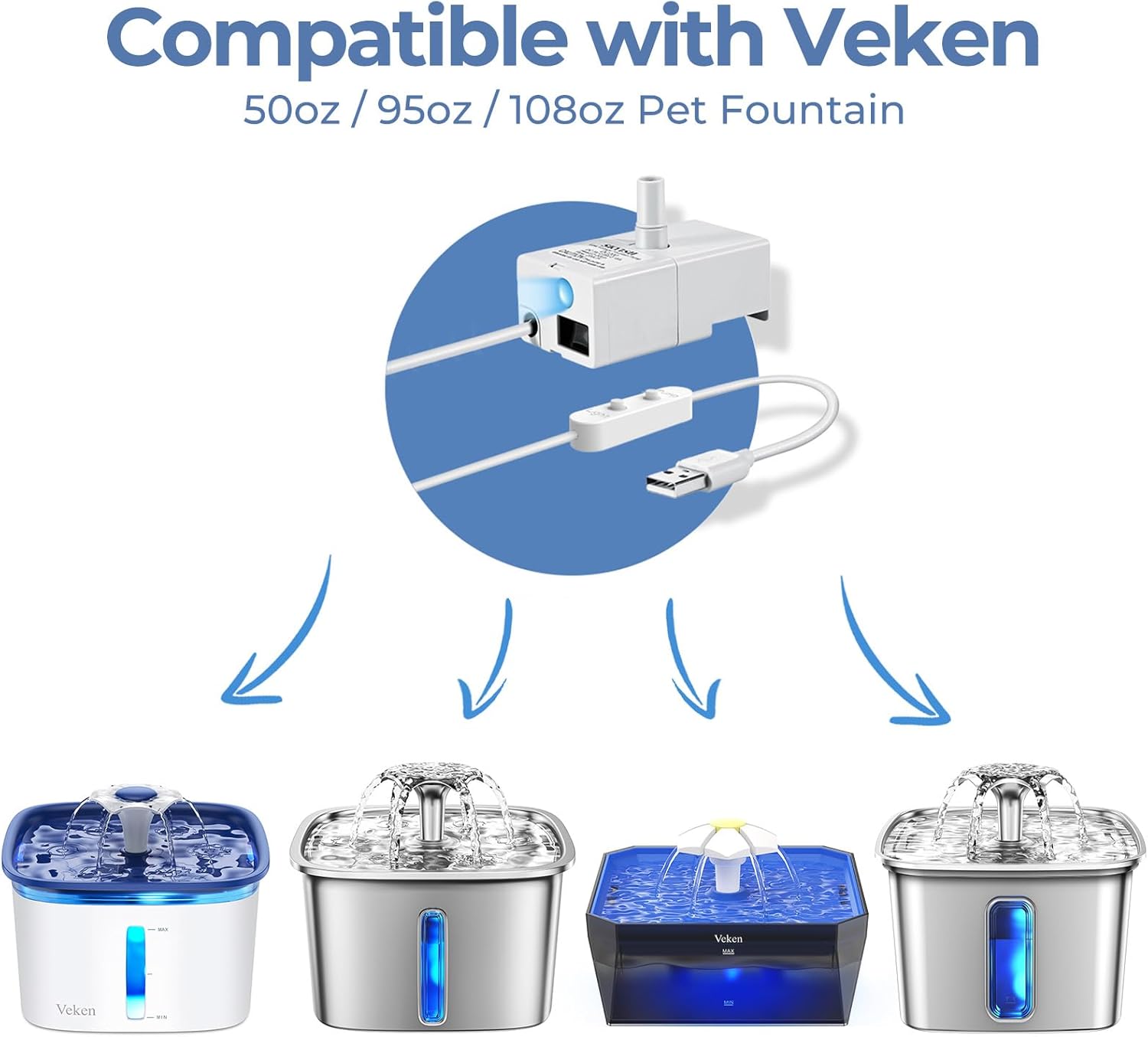 Veken Replacement Pump for 50oz, 95oz and 108oz Pet Fountain Cat Water Fountain Dog Water Dispenser Ultra Quiet Long Lifespan Water Pump, USB Cable, LED Lights - Image 2