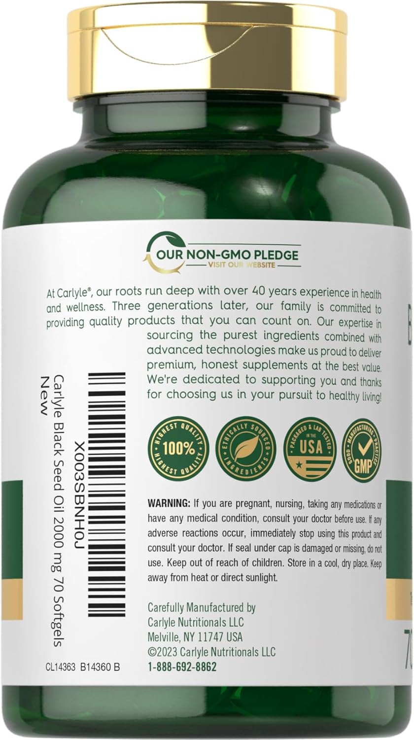 Carlyle Black Seed Oil Softgel Capsules | 2000mg | 70 Pills | for Women & Men | Non-GMO, Gluten Free Herbal Supplement - Image 3
