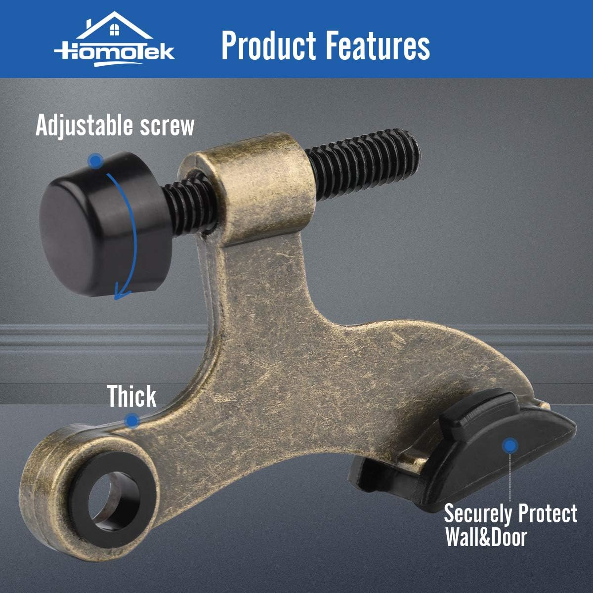 HOMOTEK 6 Pack Hinge Pin Antique Brass Door Stopper, Adjustable Deluxe Heavy Duty Door Stopper 2-1/2"x1-3/4”, with Black Rubber Bumper Tips - Image 2