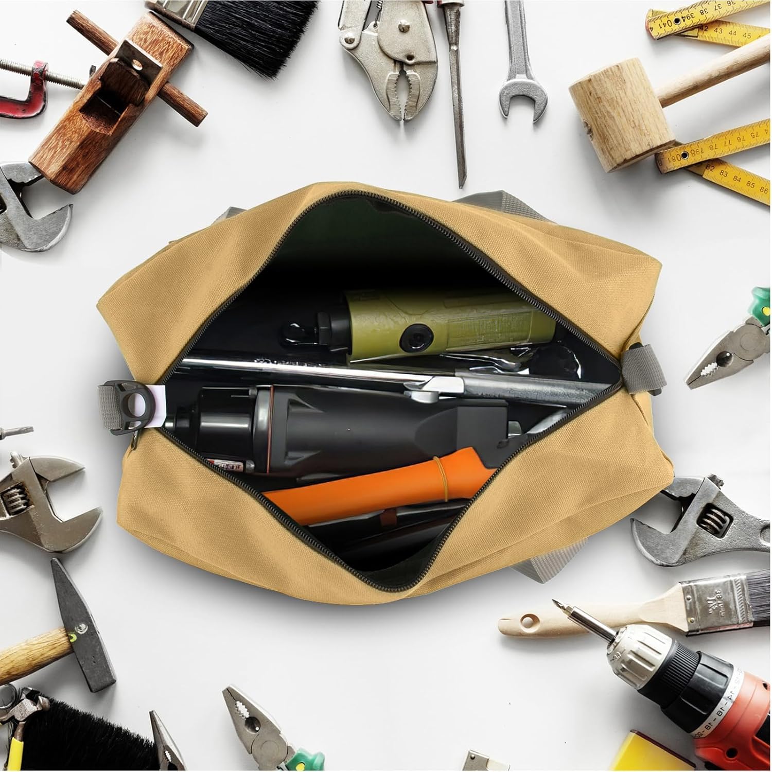 Small Tool Bag, Canvas Tool Storage Bag, Large Capacity Multipurpose Zipper Soft Tote Organizer Pouch for Electrician, Plumbing, Gardening,Tools Bags for Men (Khaki, 18 Inch) - Image 3