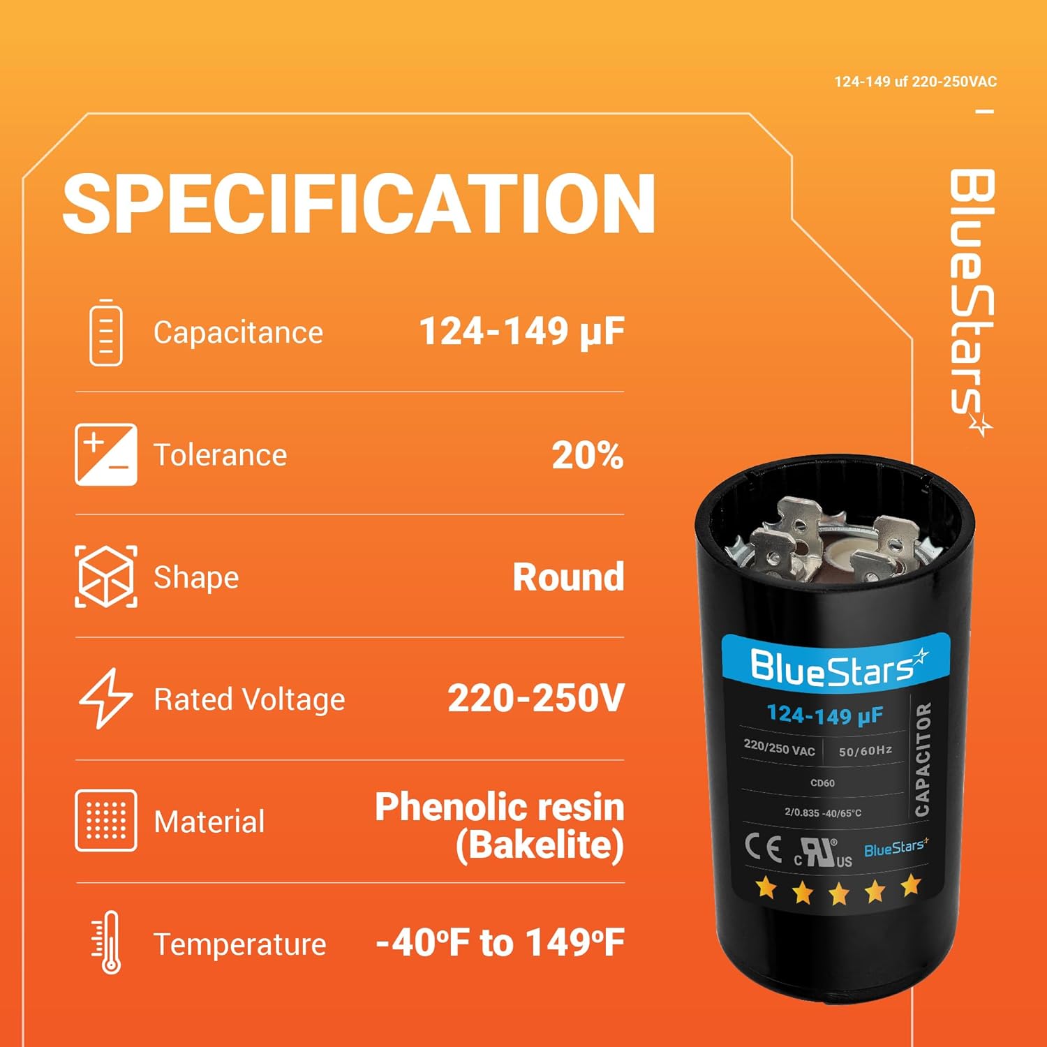 124-149 uf/MFD 220-250VAC Round Run Start Capacitor Replacement Part by BlueStars - Exact Fit for AC Motor Run or Fan Start and Cool or Heat Pump Air Conditioner - Image 3