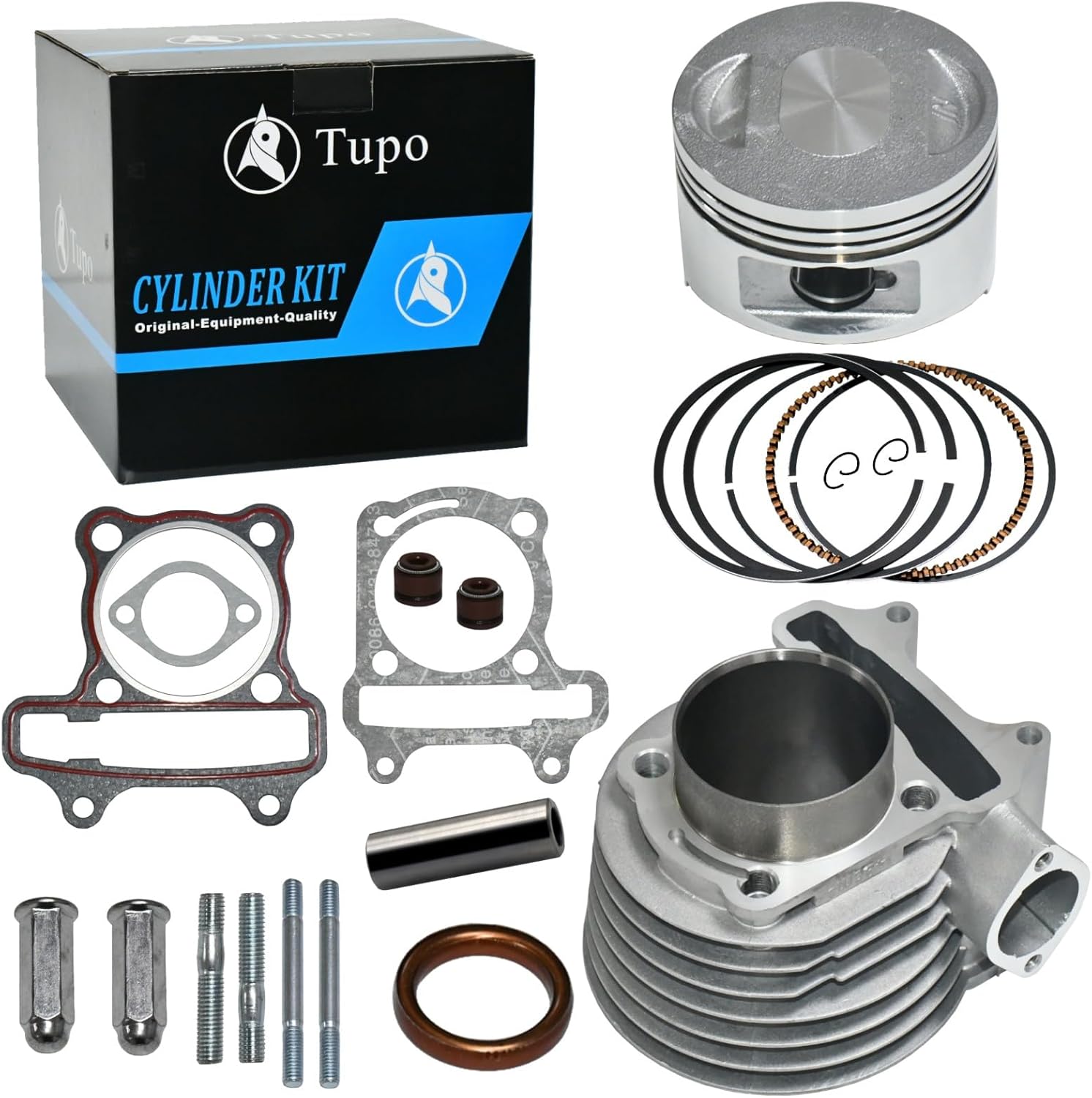 Tupo GY6150-57.4 Cylinder Kit For 125cc 150cc Jonway Jmstar Roketa Sunl Tank Peace Taotao ATV Moped Go Kart That Equipped With GY6 4-Stroke 157QMJ 152QMI Engine (Non EGR Type), Top End Kit (Package D)