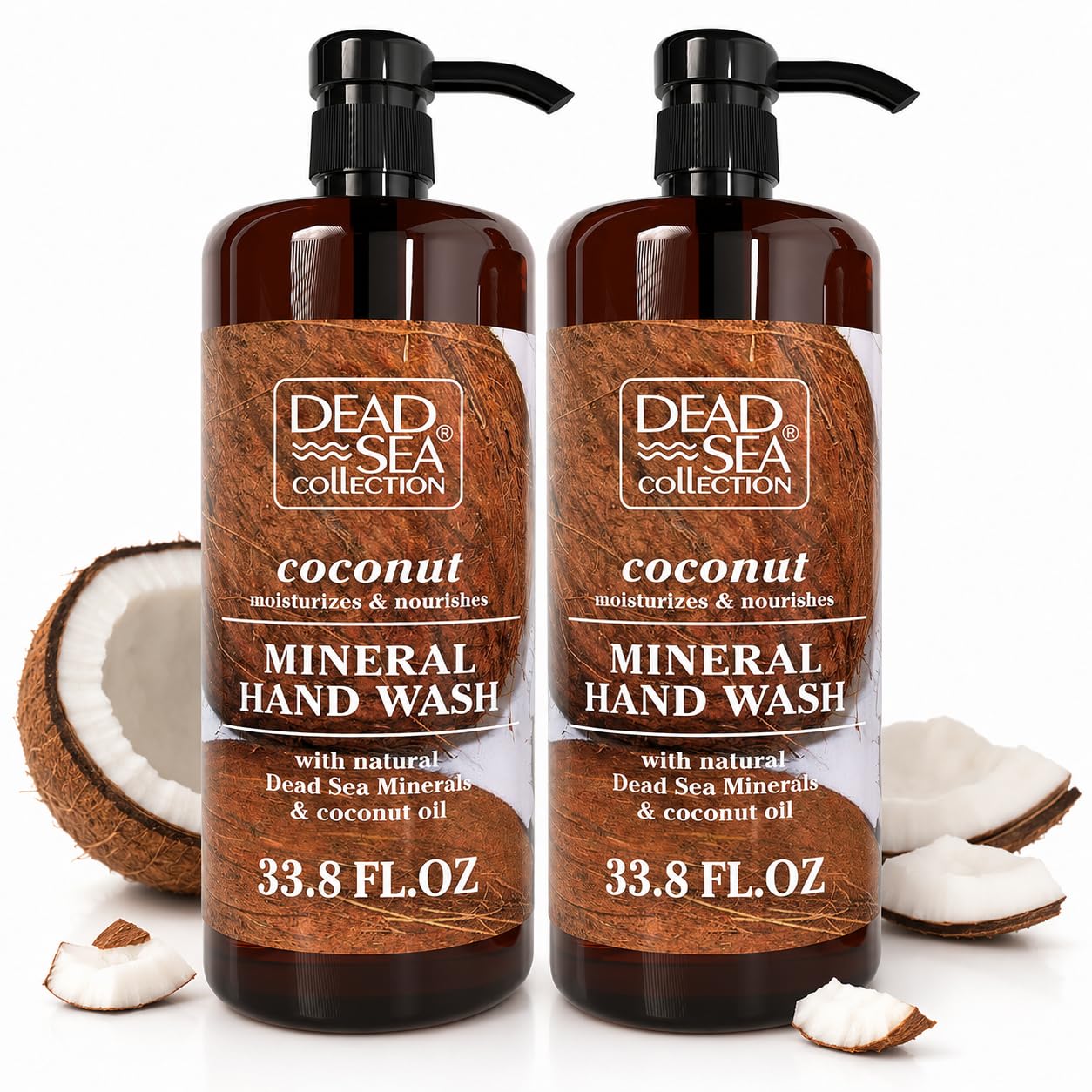 Dead Sea Collection Hand Soap Pump Coconut - Hand Wash Liquid with Dead Sea Minerals and Coconut Oil - All Skin Types Moisturizing & Nourishing - Pack of 2 (33.8 Fl Oz Each) - 67.6 Fl Oz