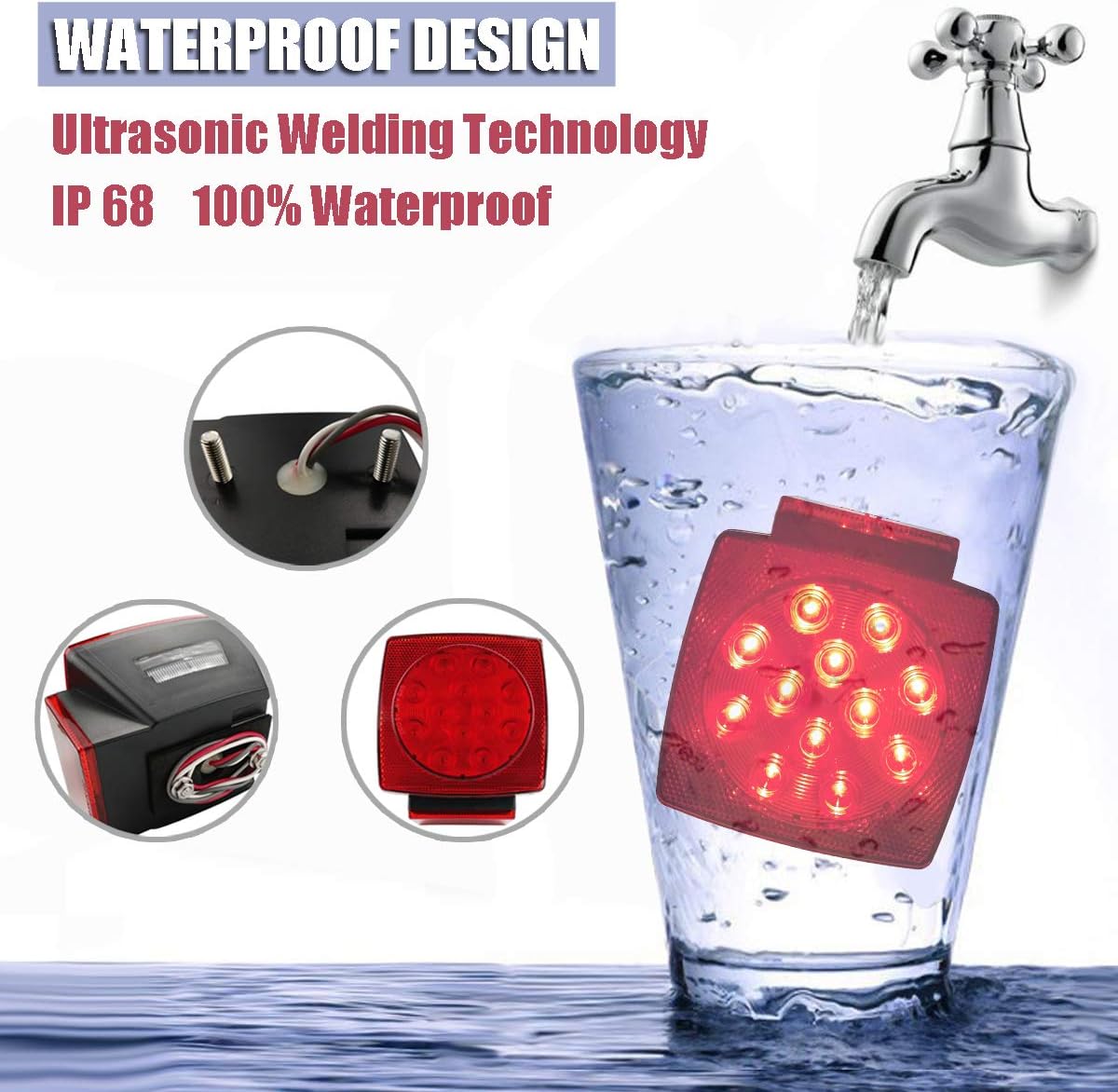 iBrightstar IP68 Waterproof Square Trailer Lights kit, Red Brake Stop Tail Running License LED Light Lamp for 12V Camper Truck RV Boat Snowmobile Marine Under 80", DOT Compliant - Image 4