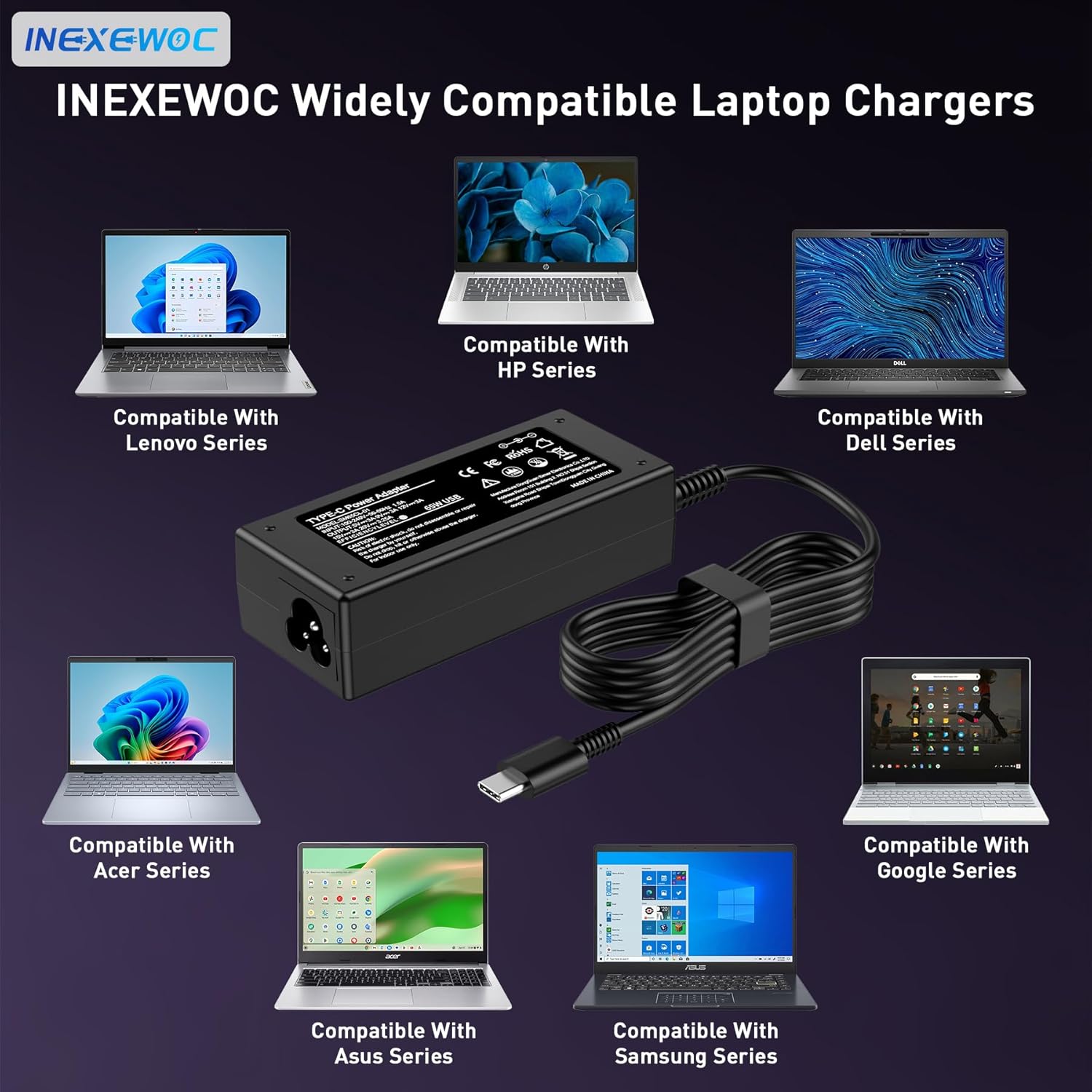 Universal 65W USB C Laptop Charger Compatible with Lenovo,HP, Dell, Acer, Asus, Samsung, Google and More, for Office, School, and Family - Image 3