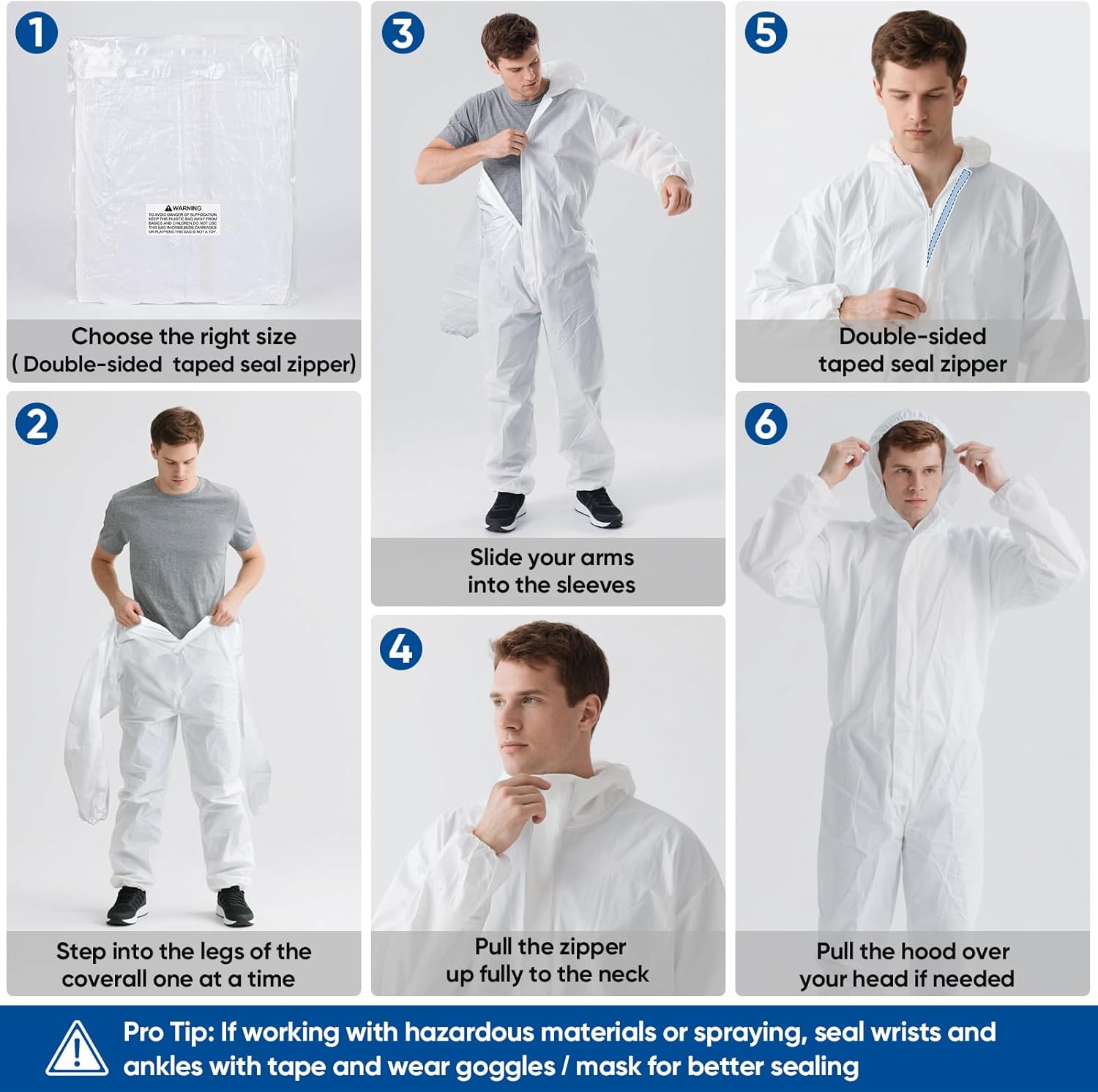 TICONN Hazmat Suit Disposable Coveralls, Full Body Protective Lab Coveralls, Breathable Paint Suit for Men Women - Image 6
