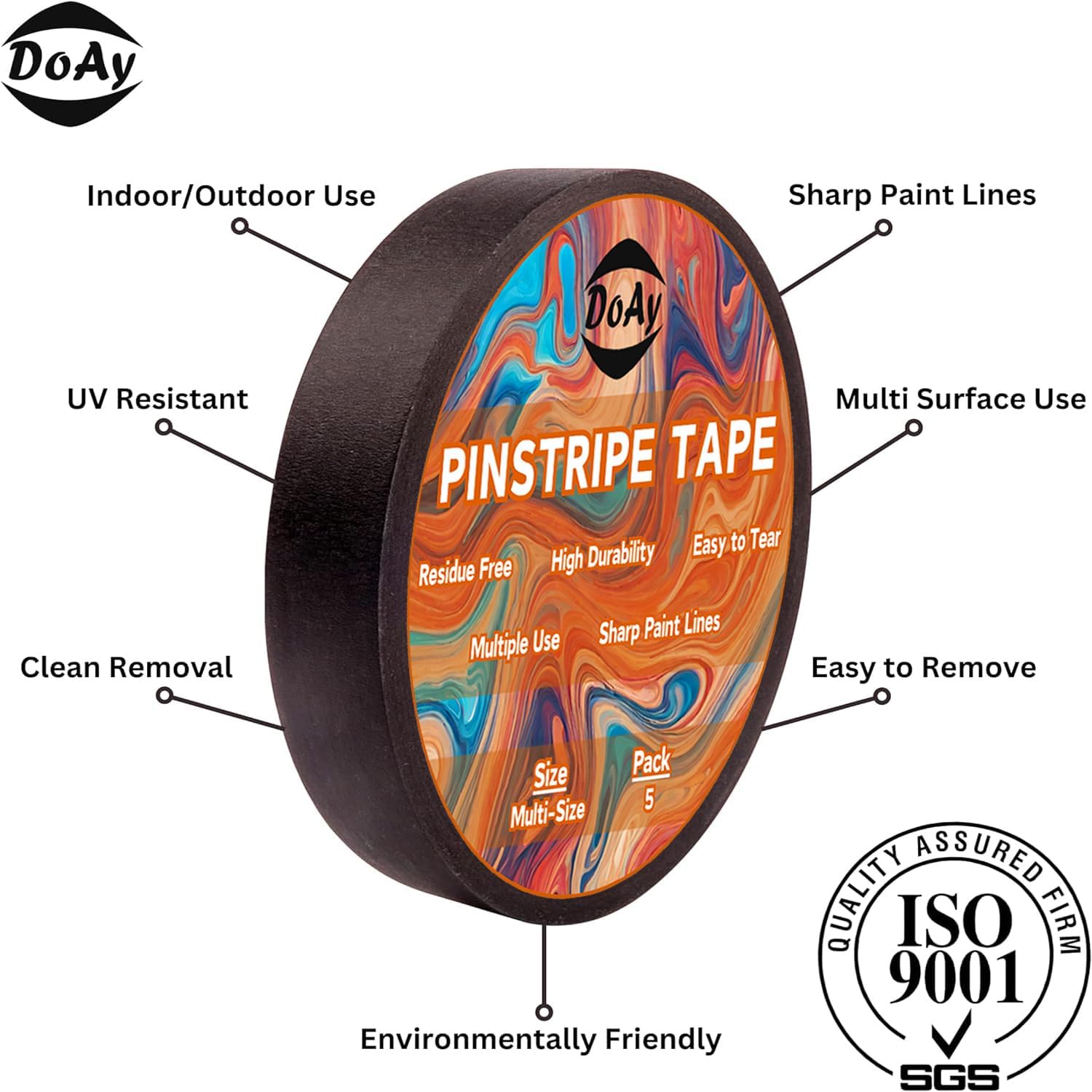 5 Rolls Pinstripe Tape - Masking Tape 1/16", 1/8", 1/4", 1/2", 3/4" - Thin Painters Masking Automotive Tape for DIY, Car, Auto, Paint, Art, Tumblers (Black) - Image 2