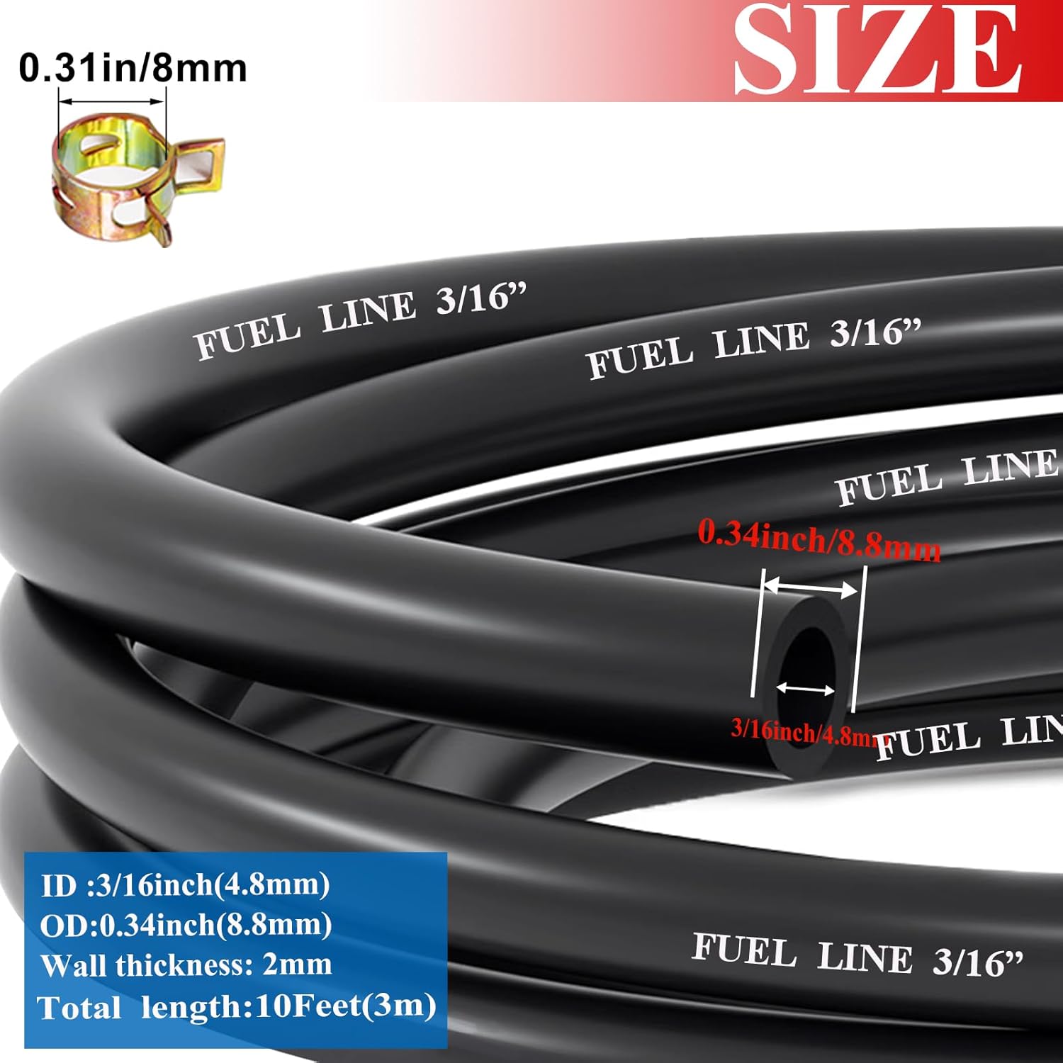 10 Feet 3/16 Inch ID Fuel Line with 20Pcs 2/5 Inch ID Hose Clamps for Kawasaki Kohler Champion Briggs & Stratton Small Engines Mini Bike ATV Mowing Machine - Image 2