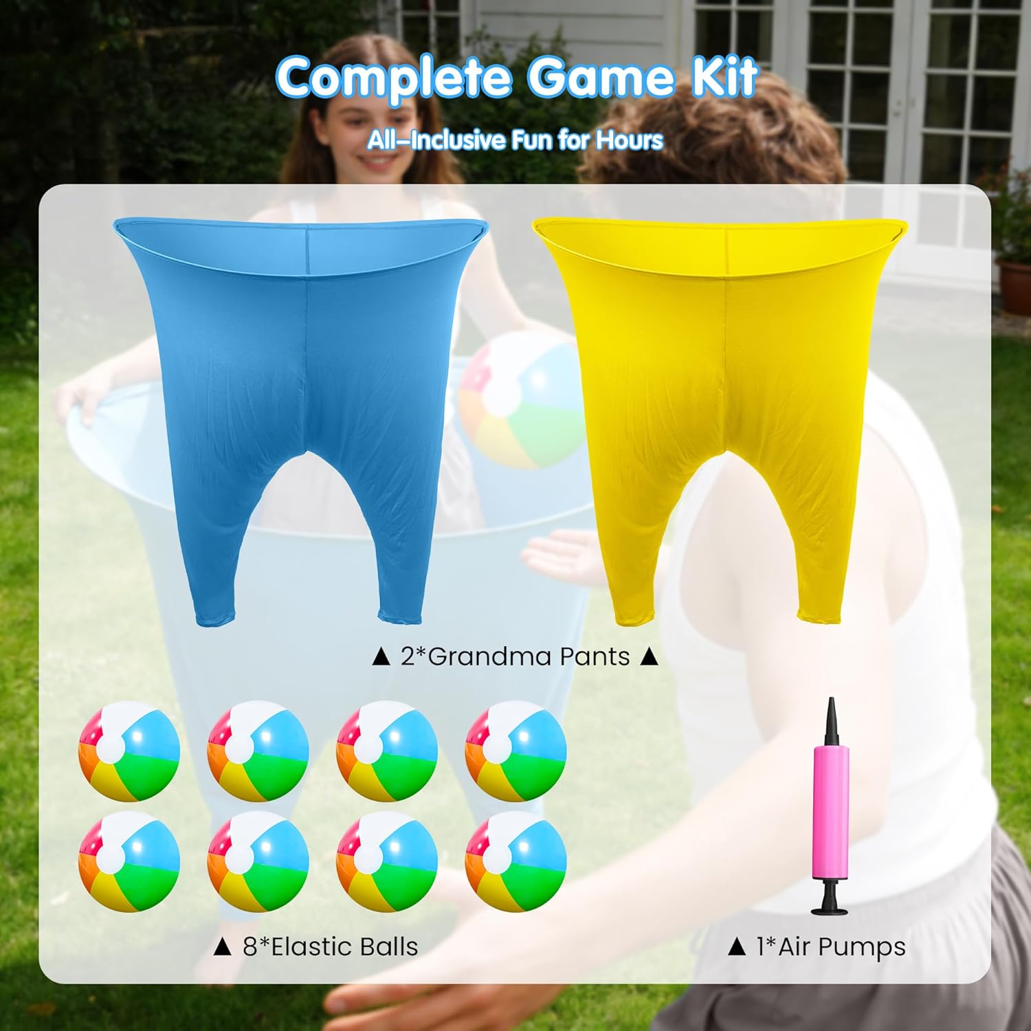 11PCS Granny Pants Yard Game Set - Oversized Blue & Yellow Pants with 8 Colorful Bouncy Balls and 1 Air Pump, Outdoor Tossing Games for Adults Team Relay Family Reunion Birthday Party Field Game Sets - Image 3
