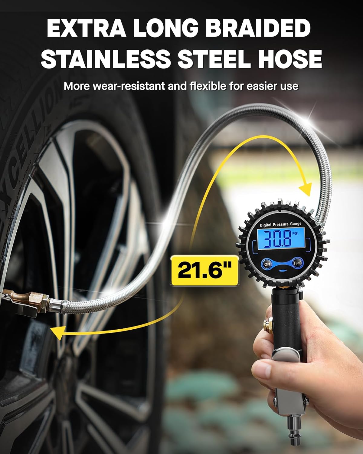 Vondior Digital Tire Inflator with Pressure Gauge 200 PSI - Large 2" Digital Dial, Heavy Duty Air Chuck and Compressor Accessories with Tire Tread Depth Gauge and Quick Connect Coupler Car Accessories - Image 6