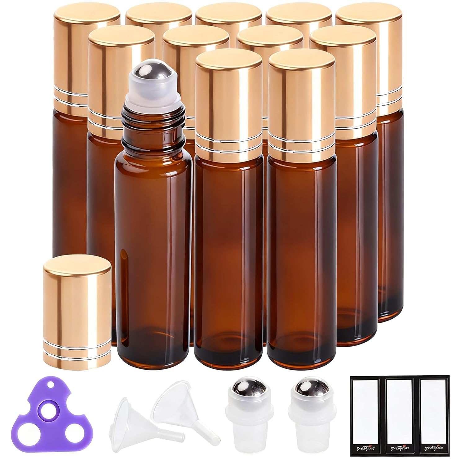 PrettyCare 12 Pack, 10 ml Essential Oil Roller Bottles with Stainless Steel Roller Ball - Refillable Leak-proof Empty Thick Amber Glass Roll on Bottles with Metal Caps for Travel, Perfume