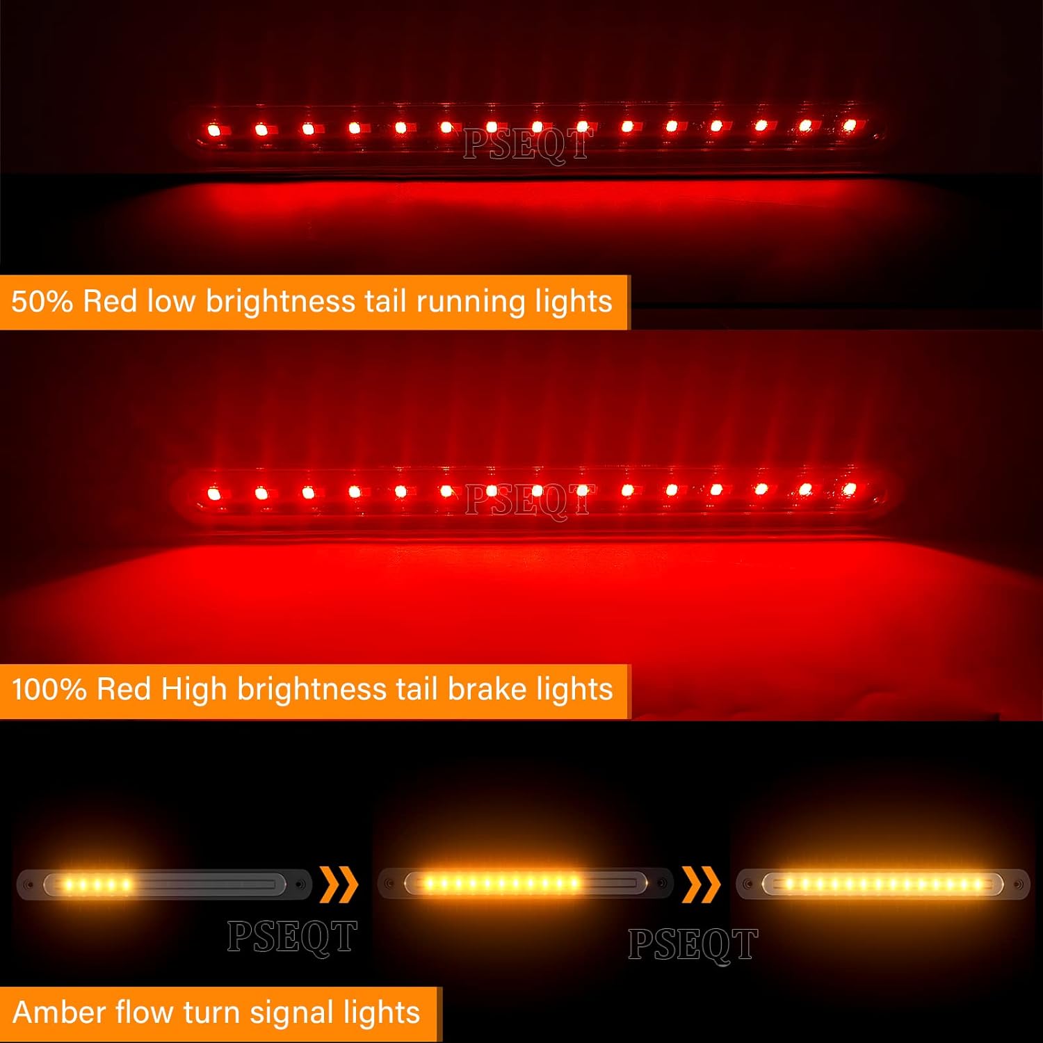 PSEQT 10" LED Trailer Tail Light Bar Brake Stop Turn Signal Lights Assembly Identification Red & Amber Sequential Strobe Strip Lamp w/Smoked Lens Waterproof for Pickup Golf Cart Offroad Truck RV UTV - Image 2