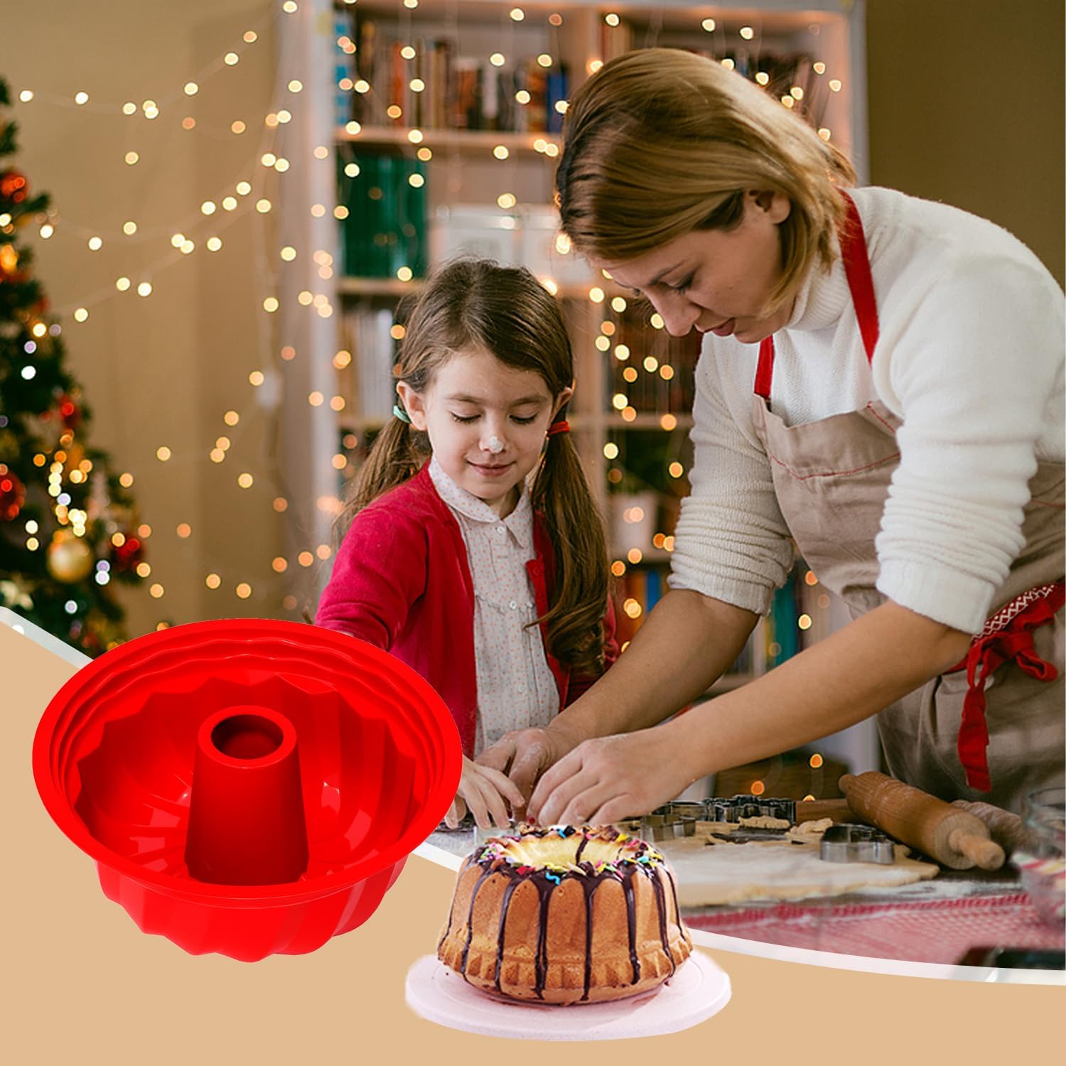 SOV 9.5 inch Silicone cake Pans, Non-stick bundt cake molds, Silicone Bakeware Baking Molds, Perfect for making Cake, Bread, Jello, Gelatin (1, Red) - Image 5