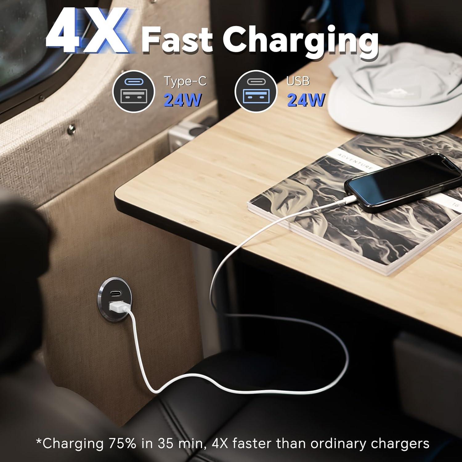 12V USB Outlet All-Aluminum QC 3.0 USB-A & USB-C PD3.0 Dual Fast Car Charger Socket, Recessed Mount Car USB Port for Car Truck Boat RV Camper Van Trailer (Small Version) - Image 2