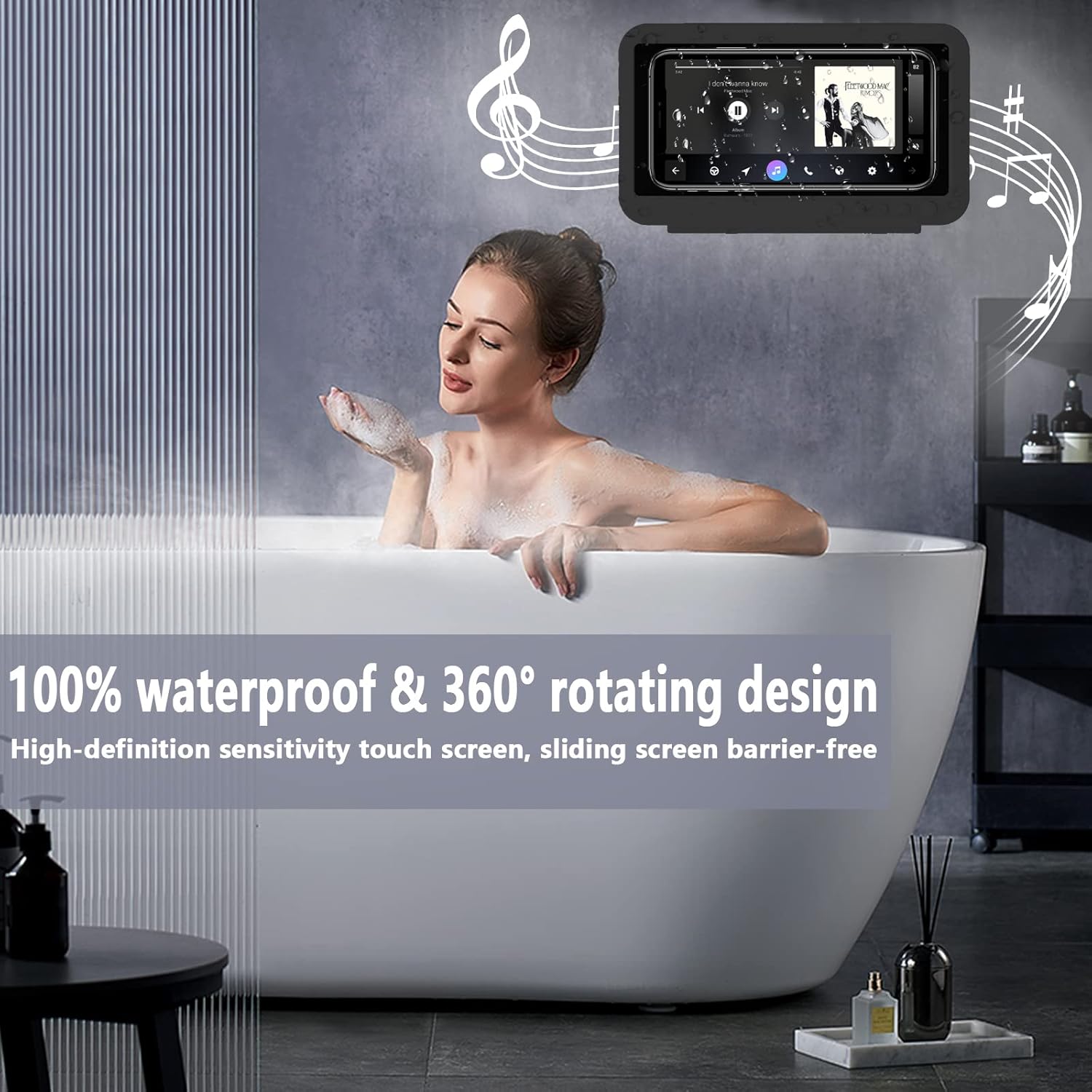 Shower Phone Holder Waterproof - Anti Fog High Sensitivity Touch Screen, 360°Rotation Wall Mount Shower Case for Phone for Bathroom Wall Mirror Bathtub Kitchen, Compatible with Under 7 Inch(Black) - Image 2