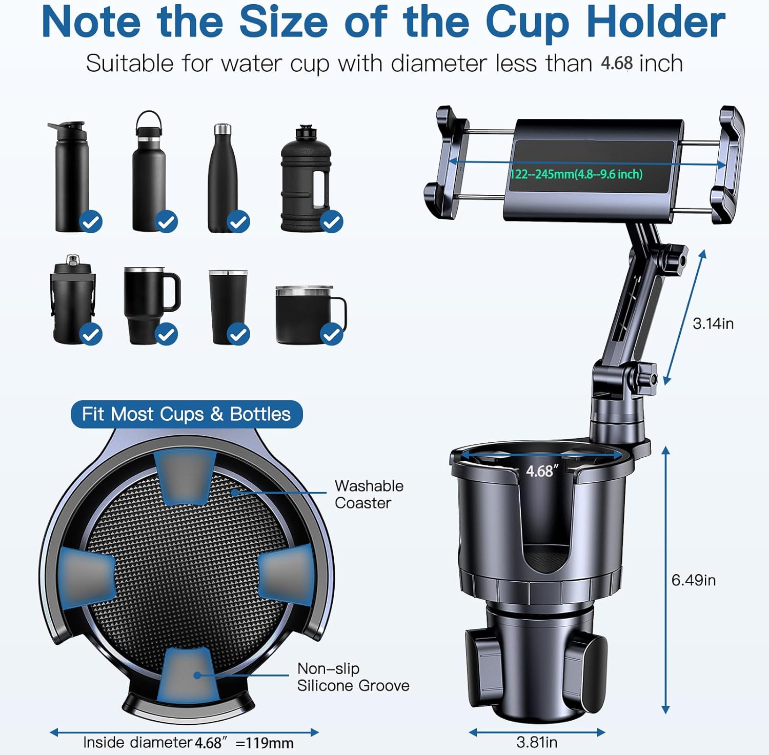 Cup Holder Phone Tablet Mount, 2 in 1 iPad Car Cup Holder with Expander Adjustable Arm for 4.7-10 inches Phone Tablet Mount Compatible for iPad Pro Air Mini, Fire,iPhone 17,Galaxy Phones - Image 5