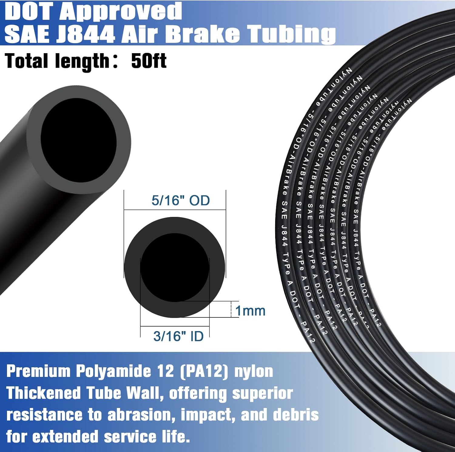 5/16" OD x 50FT DOT Air Line Black SAE J 844 PA12 Nylon Air Brake Tubing with Cutter and Teflon Tape, Pneumatic Nylon Air Line Hose for Semi Truck Trailer Air Brake System & Fluid Transfer - Image 2