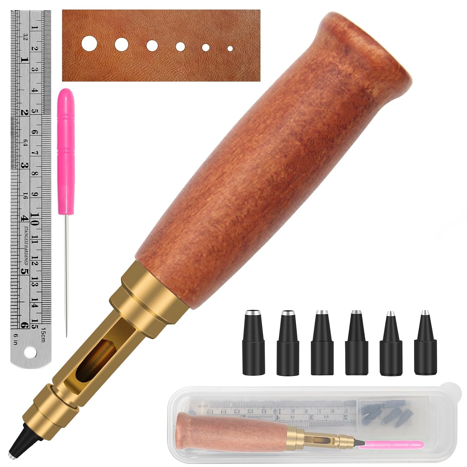 Japanese Screw Punch, Boyistar Wood Handle Belt Hole Puncher, Adjustable Leather Hole Punch Tool (Brown)